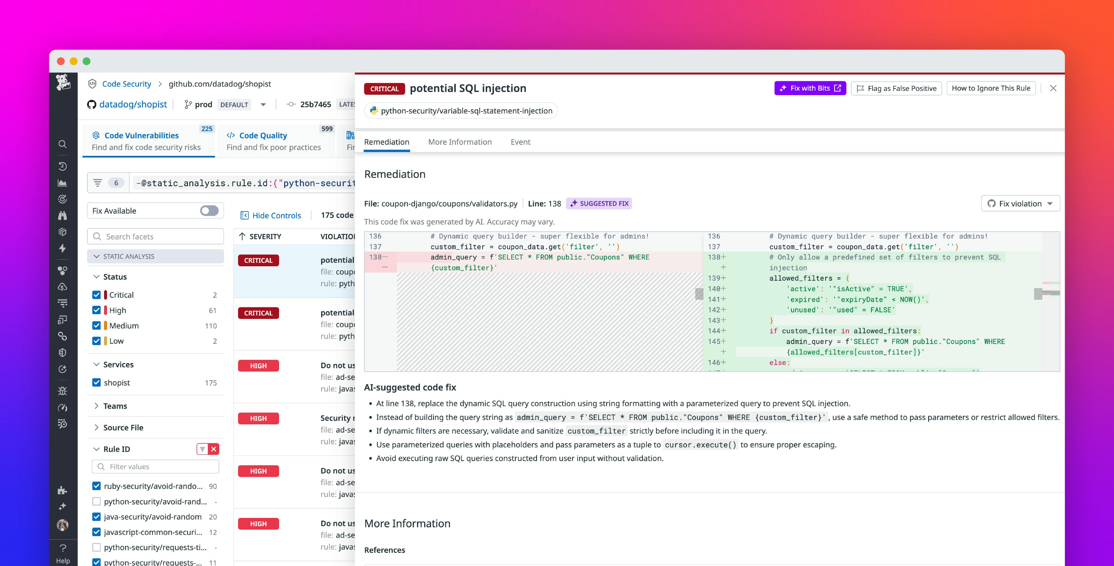 Protect the life cycle of your application code and libraries with Datadog Code Security