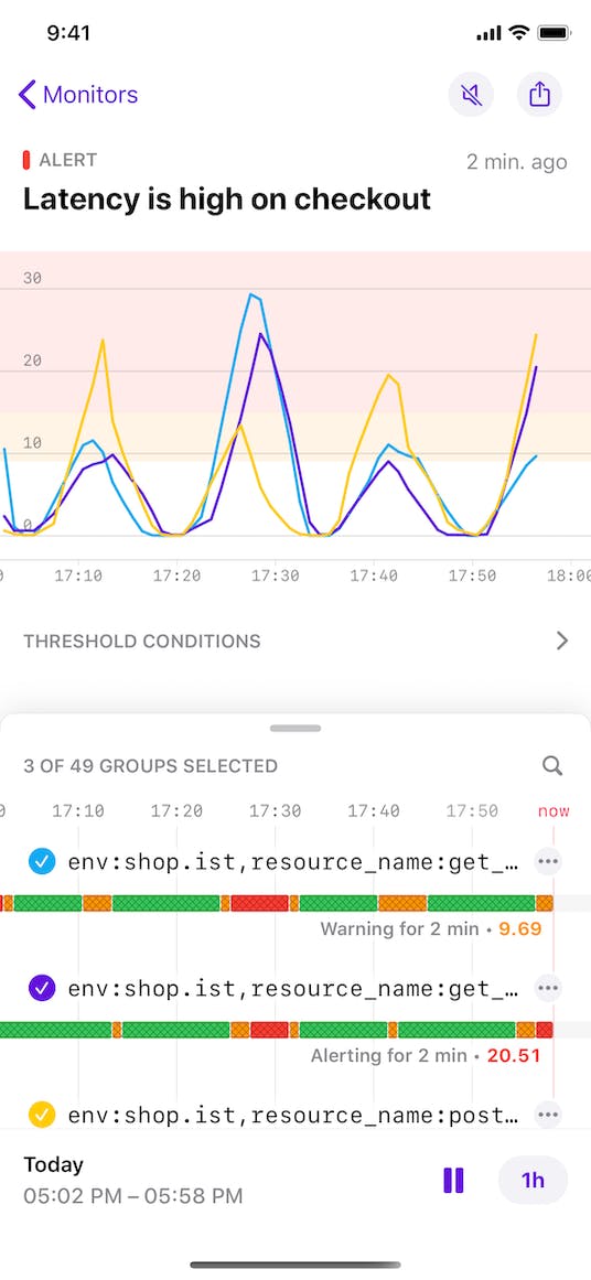Investigate alerts in seconds with the Datadog mobile app alerts_monitor_overview_ios.png