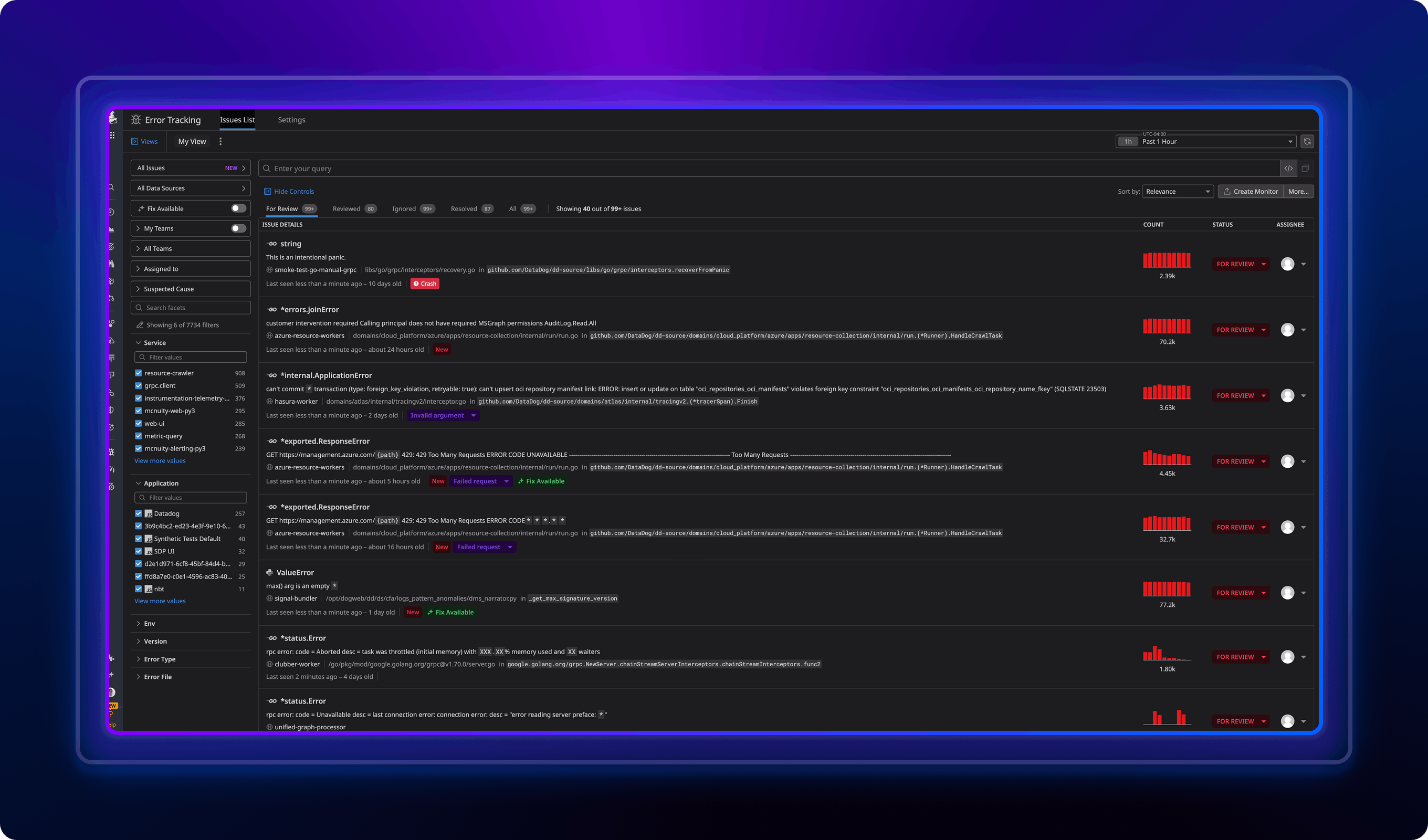 Datadog Error Tracking Dashboard