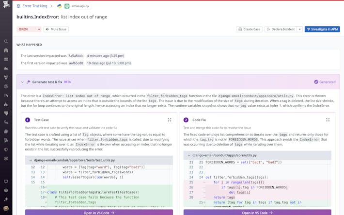 Datadog Error Tracking features AI-generated code fix suggestions and test cases to help engineers debug faster