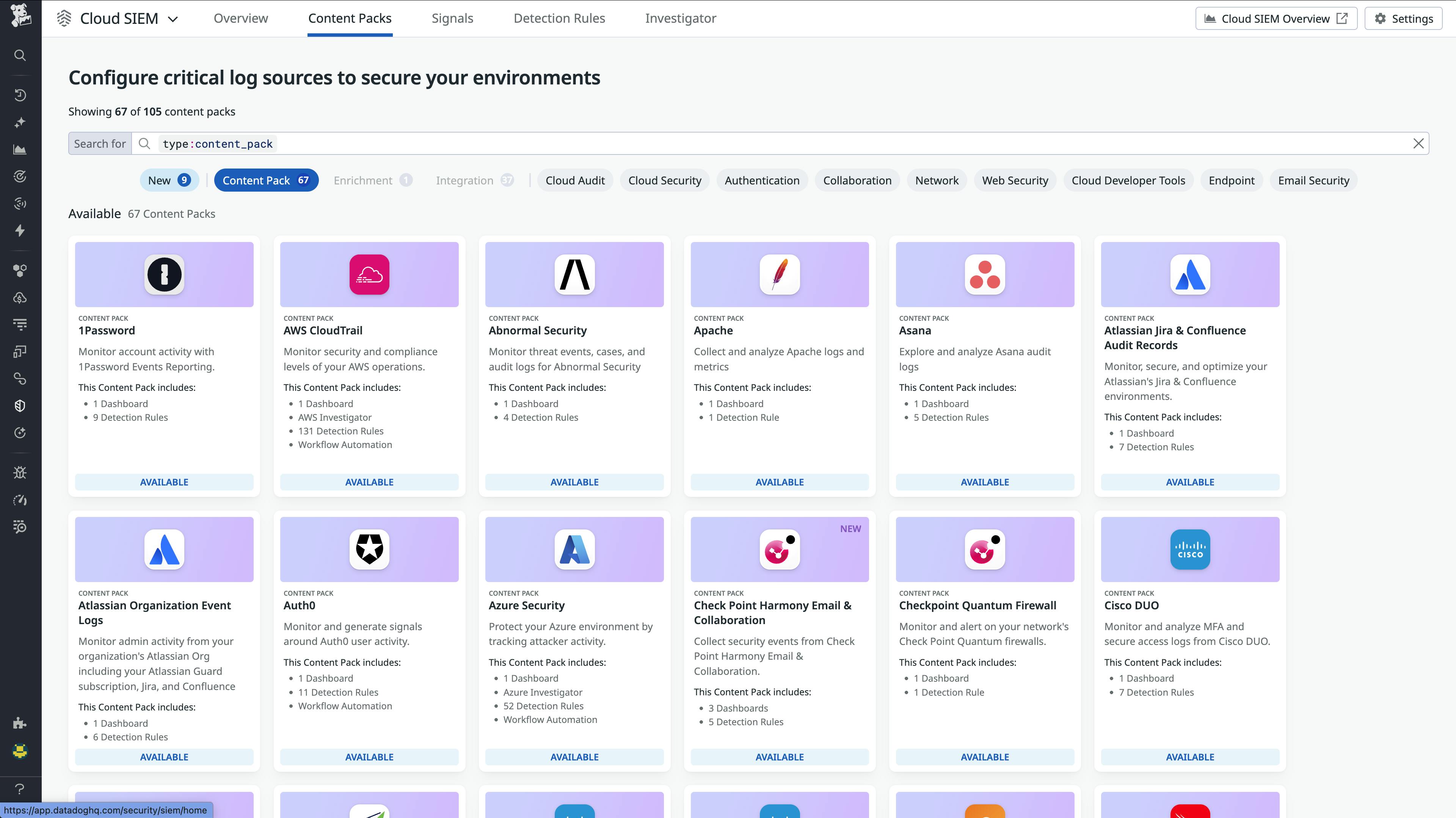 A view of content packs for Cloud SIEM.