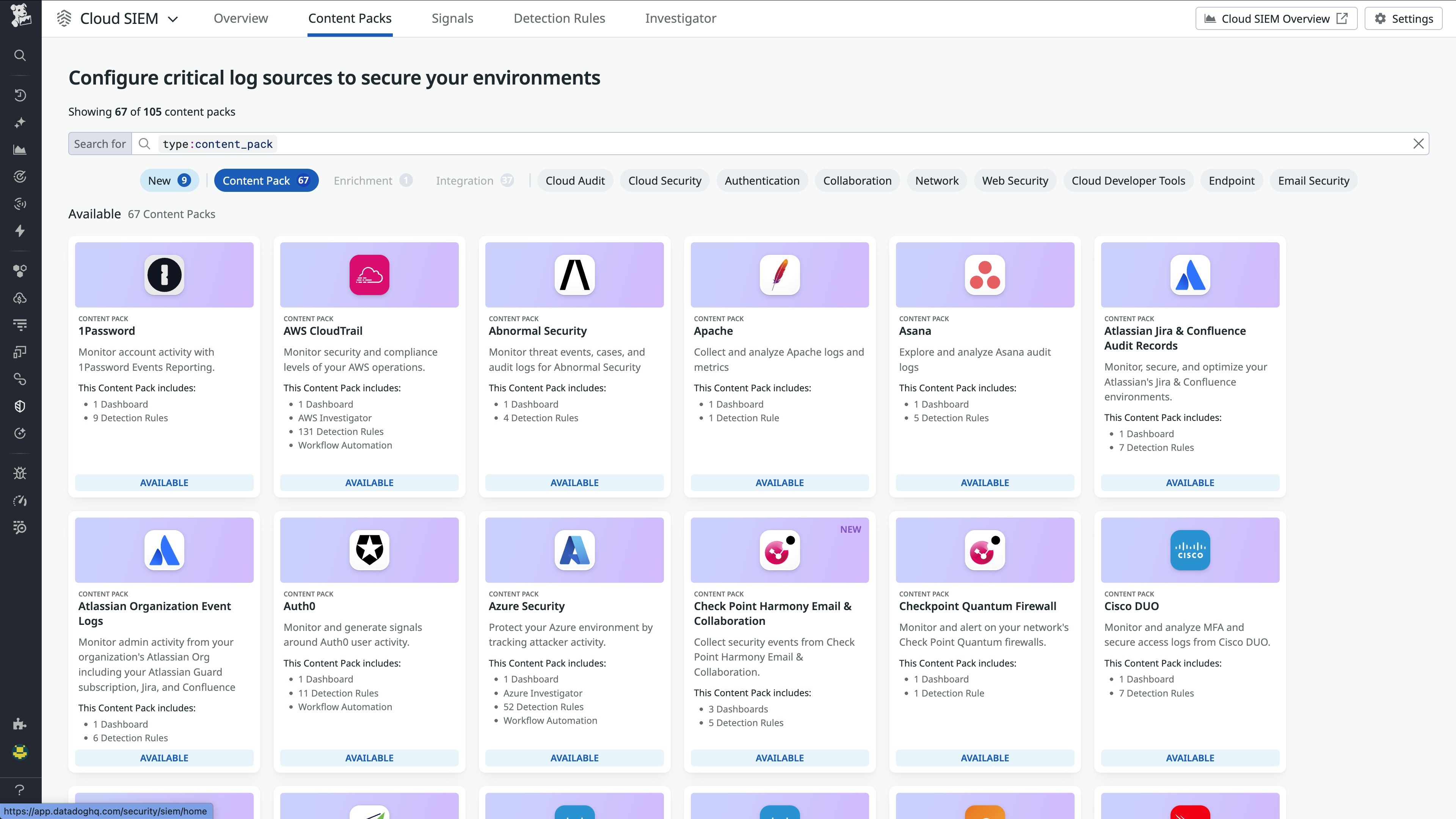 A view of content packs for Cloud SIEM. A view of content packs for Cloud SIEM.