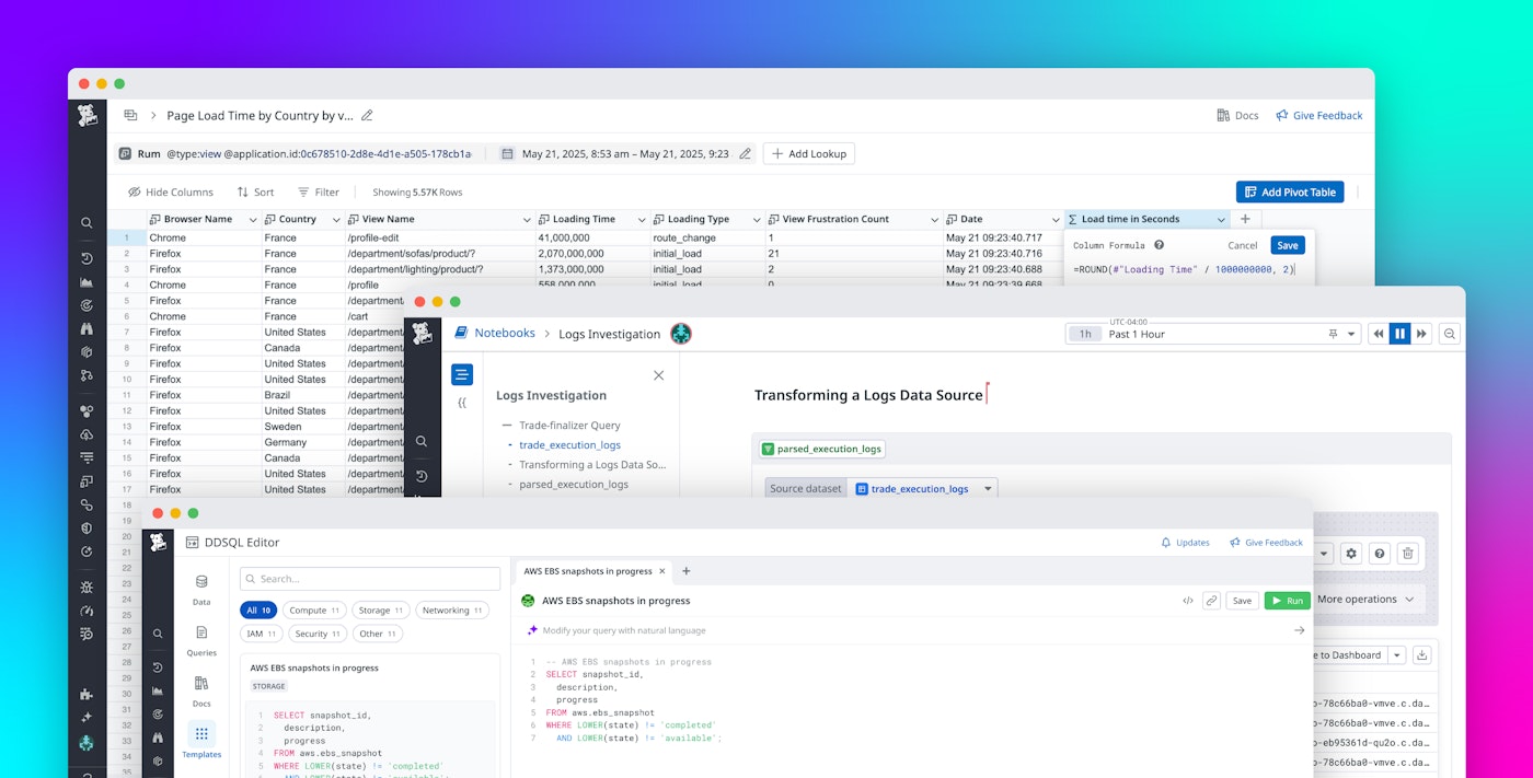 Explore your data with Sheets, DDSQL Editor, and Notebooks for advanced analysis in Datadog Explore your data with Sheets, DDSQL Editor, and Notebooks for advanced analysis in Datadog