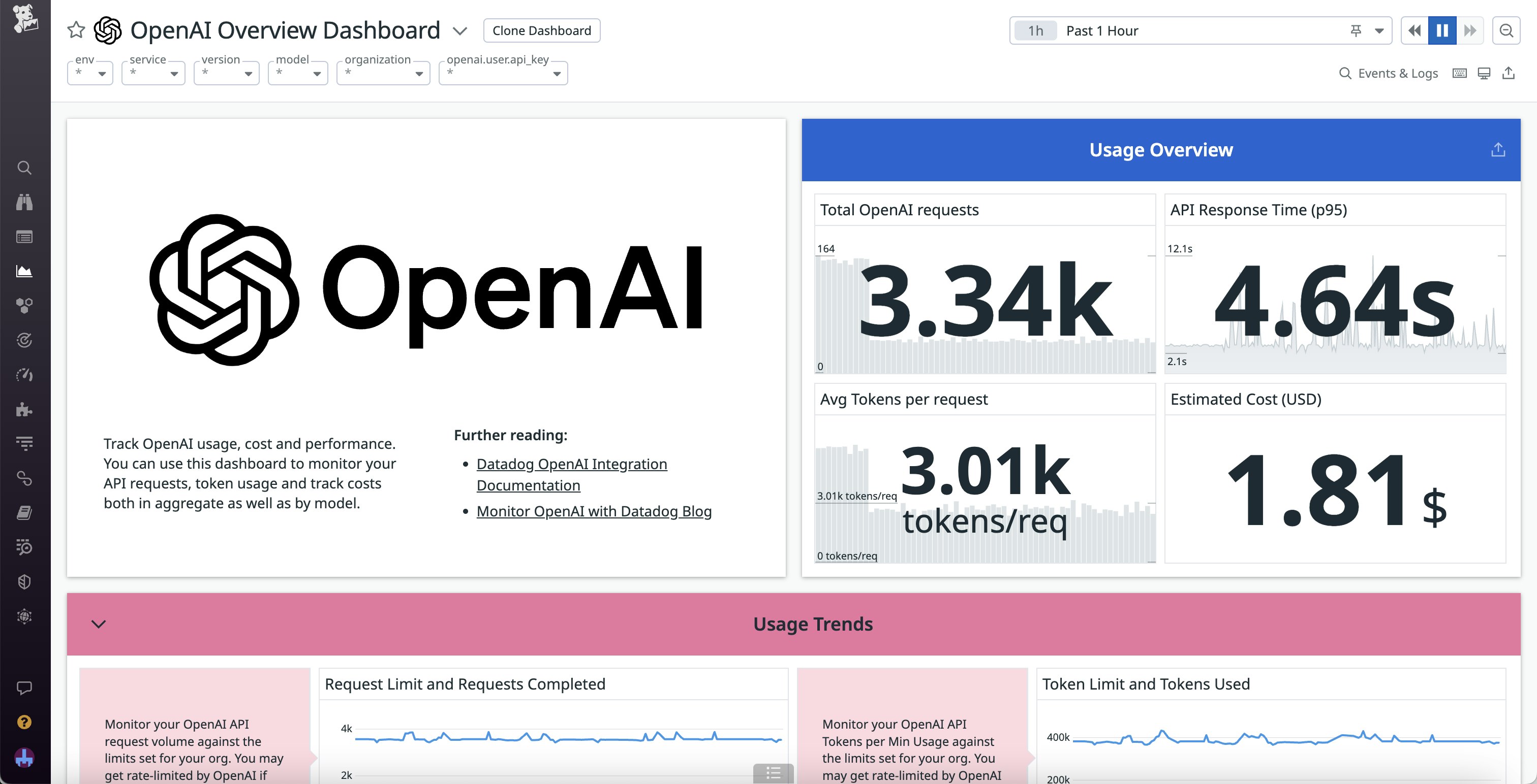 最新バージョンの OpenAI インテグレーションでは、すべてのリクエストについて、コストと使用量の強化メトリクスを表示できます。 最新バージョンの OpenAI インテグレーションでは、すべてのリクエストについて、コストと使用量の強化メトリクスを表示できます。
