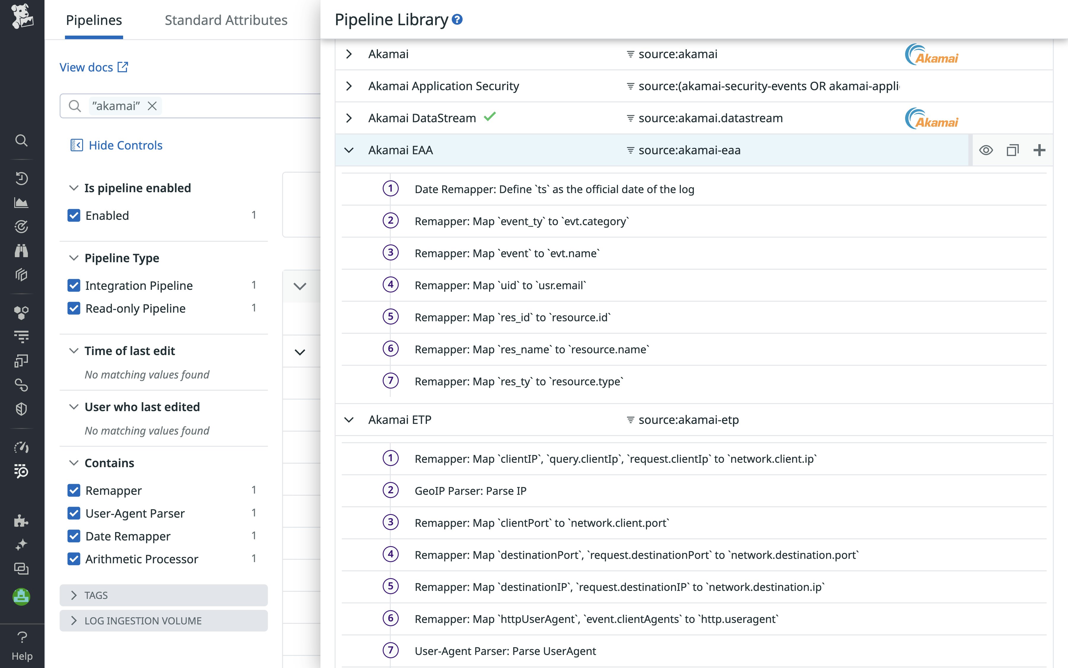 Akamai Application Security log pipelines in Datadog. Akamai Application Security log pipelines in Datadog.
