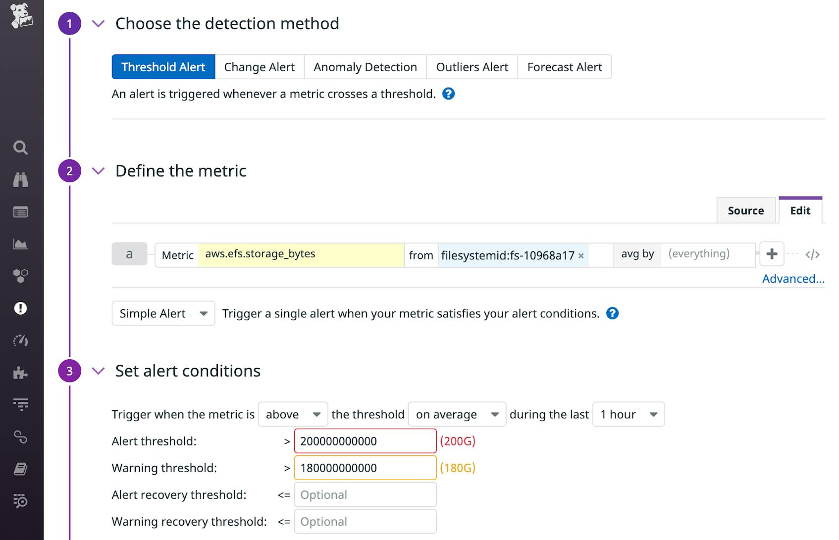 Datadog's New Monitor screen defines an alert with a warning threshold of 180 GB and an alert threshold of 200 GB.