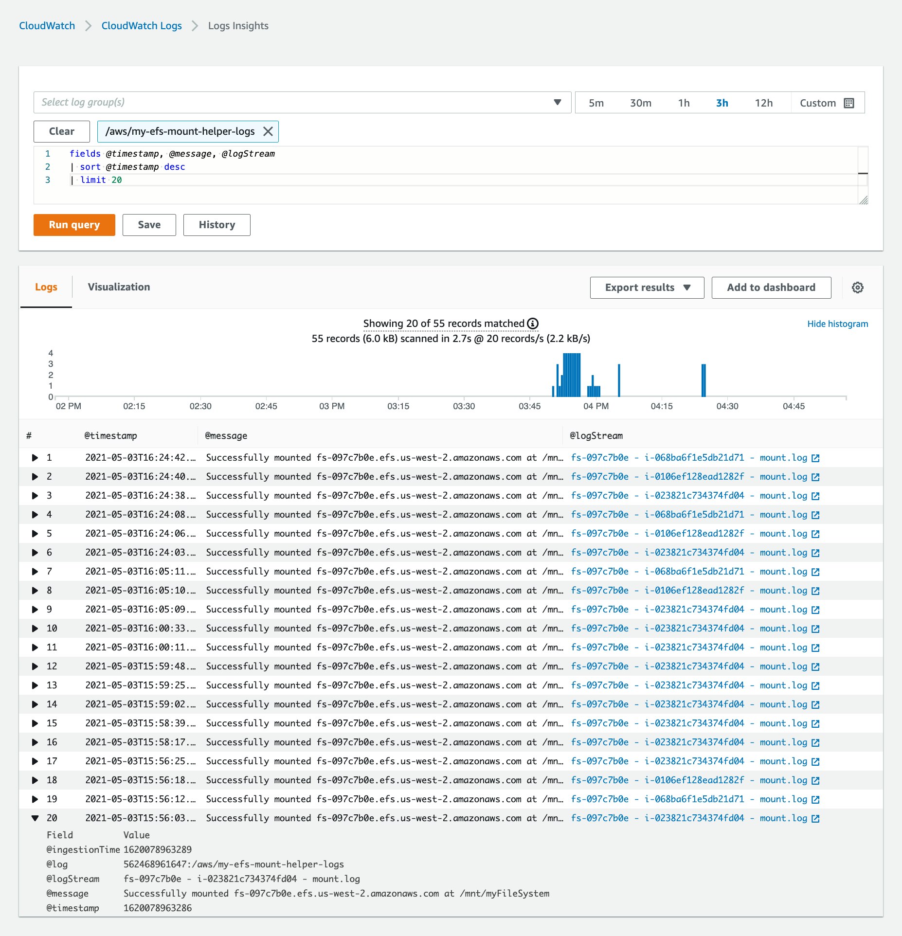 A CloudWatch Logs Insights query searches across all logs streams in the log group and returns three records, each from different log streams. A CloudWatch Logs Insights query searches across all logs streams in the log group and returns three records, each from different log streams.