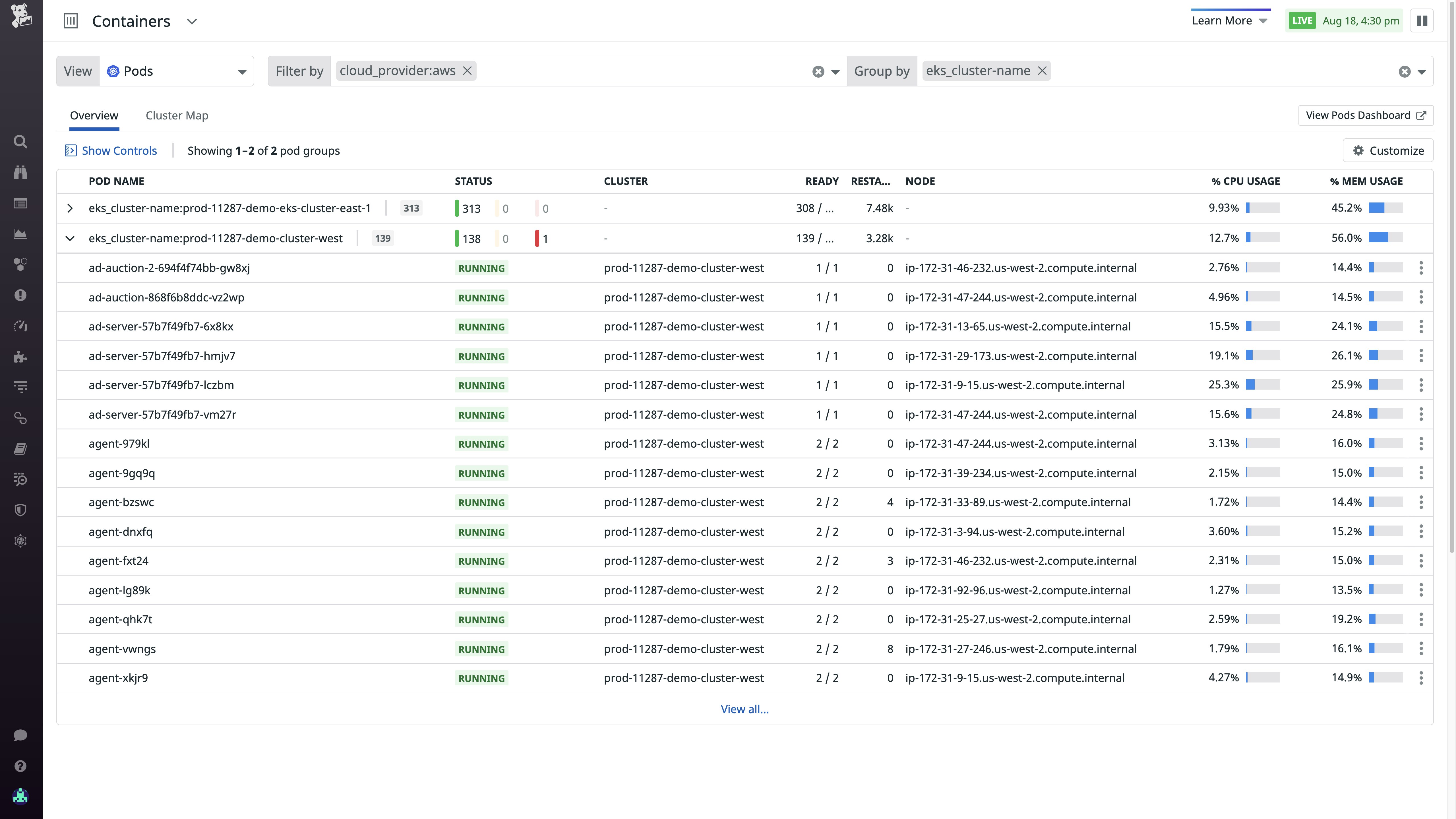 The Clusters view showing EKS clusters hosted in the cloud and on premises. The Clusters view showing EKS clusters hosted in the cloud and on premises.