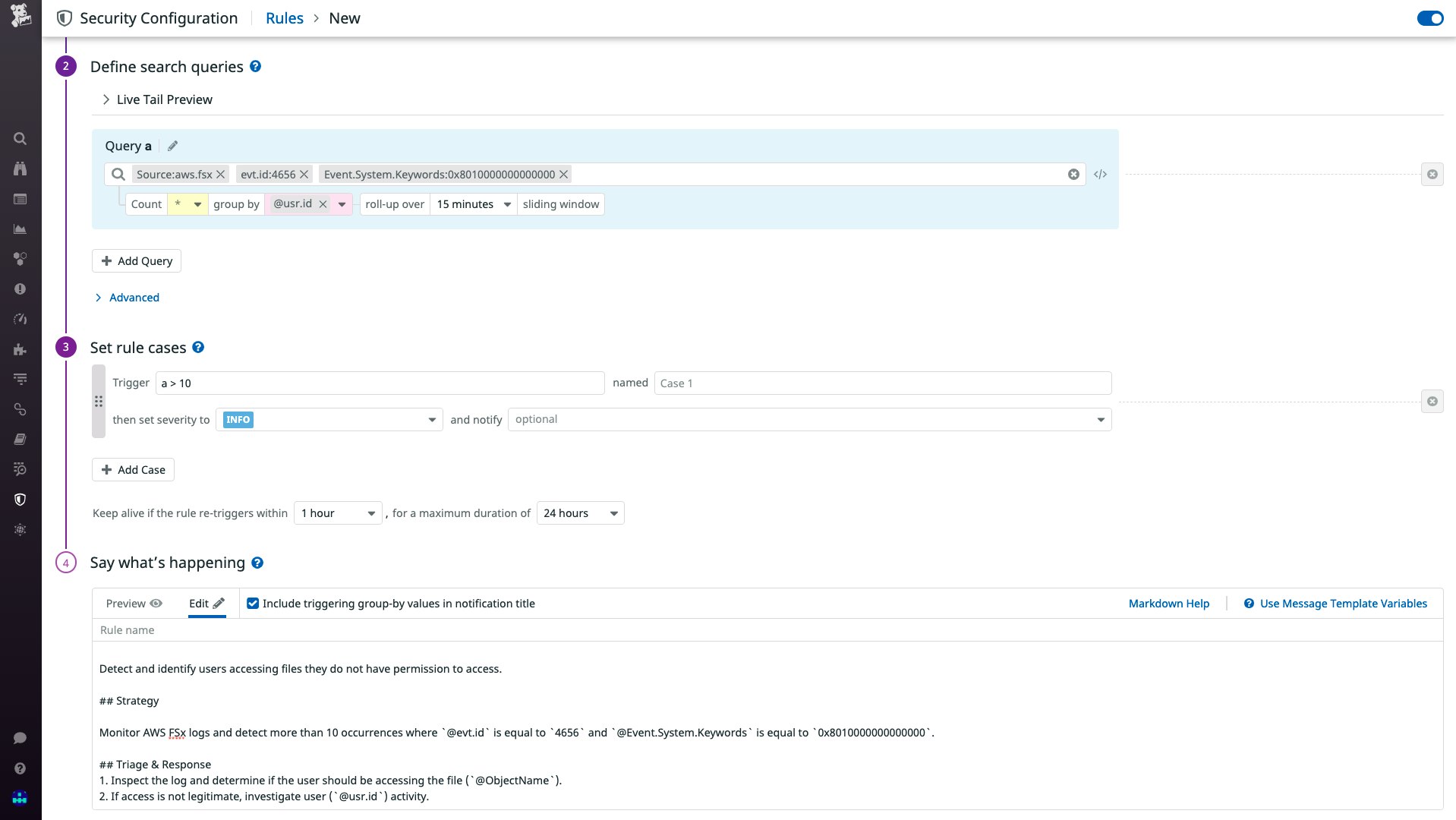 Datadog AWS FSx logs threat detection rule Datadog AWS FSx logs threat detection rule