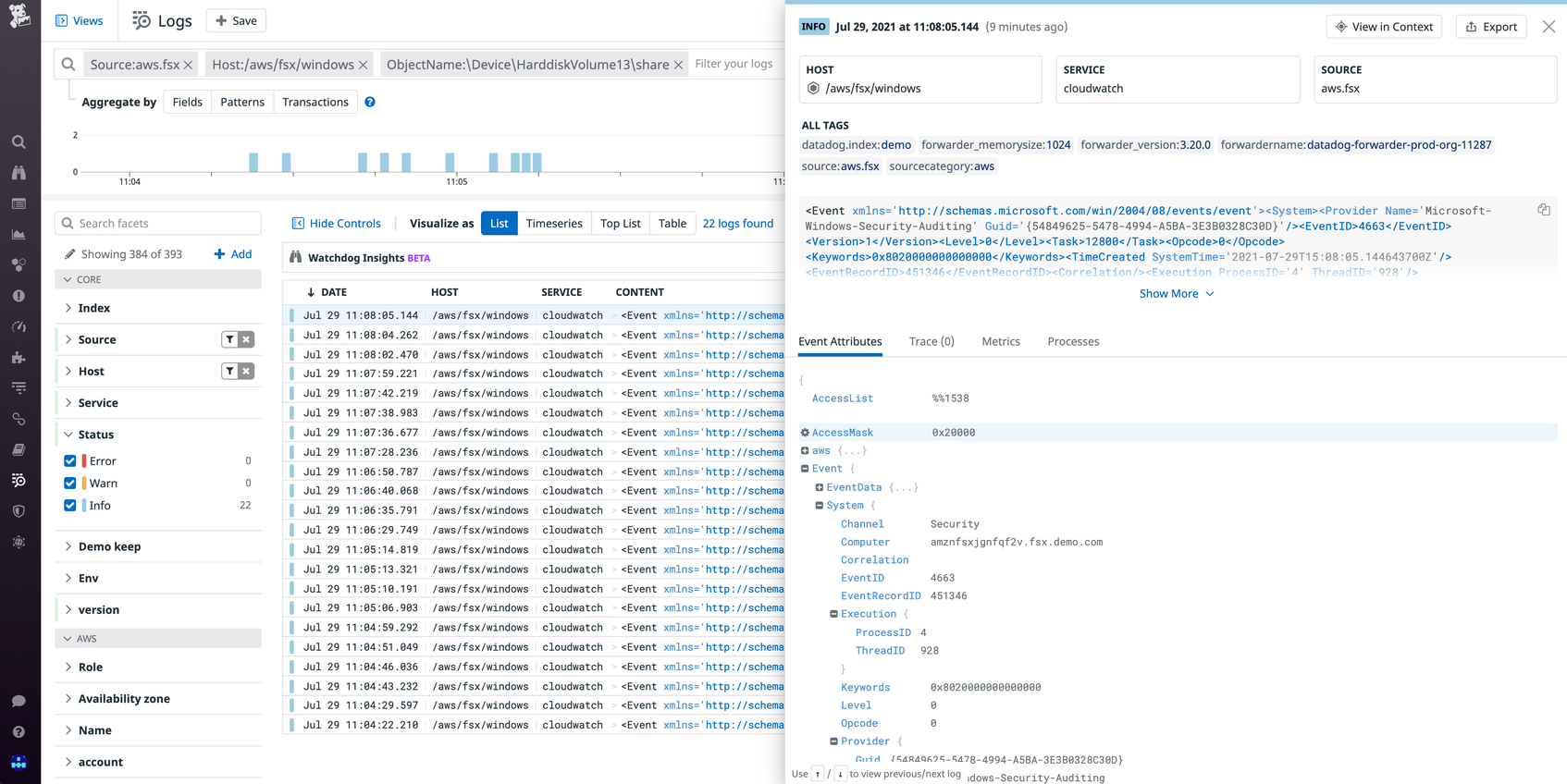 Monitor AWS FSx Audit Logs With Datadog | Datadog