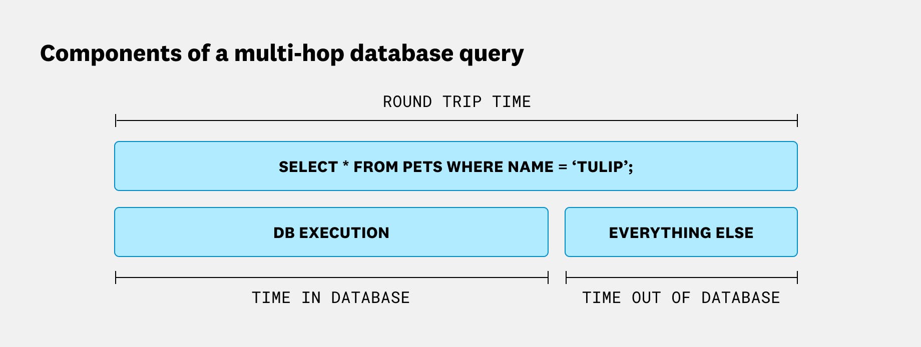 Flame graph view showing the components of a multi-hop database query: round trip time contains DB execution time and everything else, broken into time in database and time out of database.