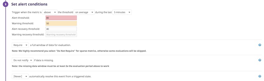 Set conditions for alert based on Tomcat metrics