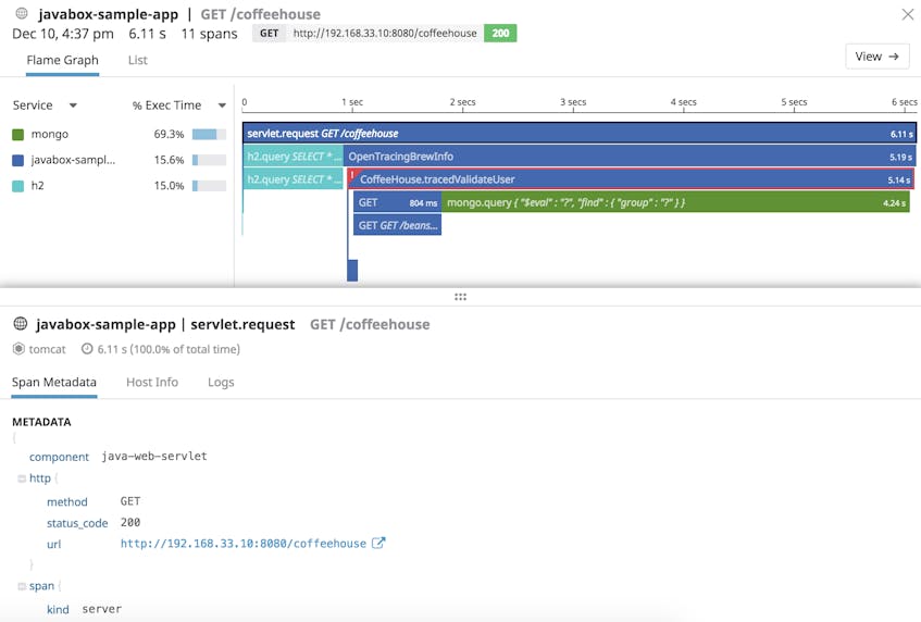 Example of a trace for a Java application