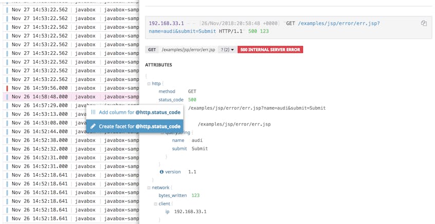 Create facet from Tomcat log