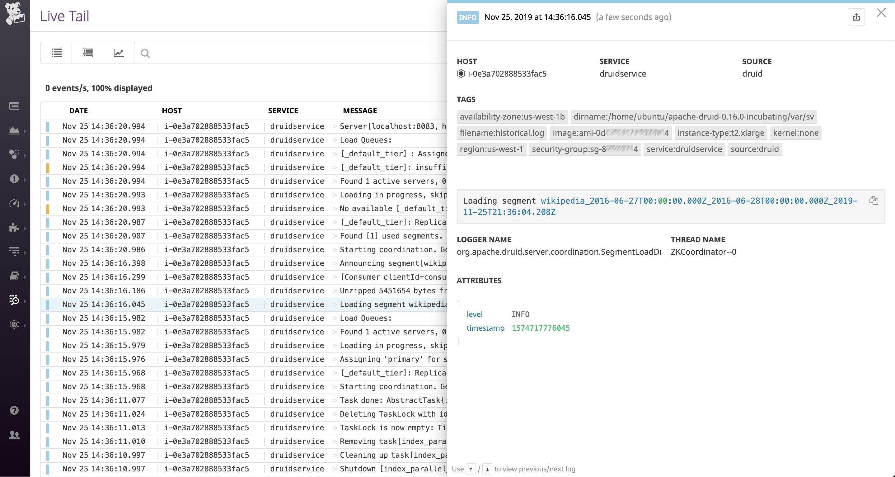 The Log Explorer lists Druid logs and shows the detail of a log created when Druid loaded a data segment. The Log Explorer lists Druid logs and shows the detail of a log created when Druid loaded a data segment.
