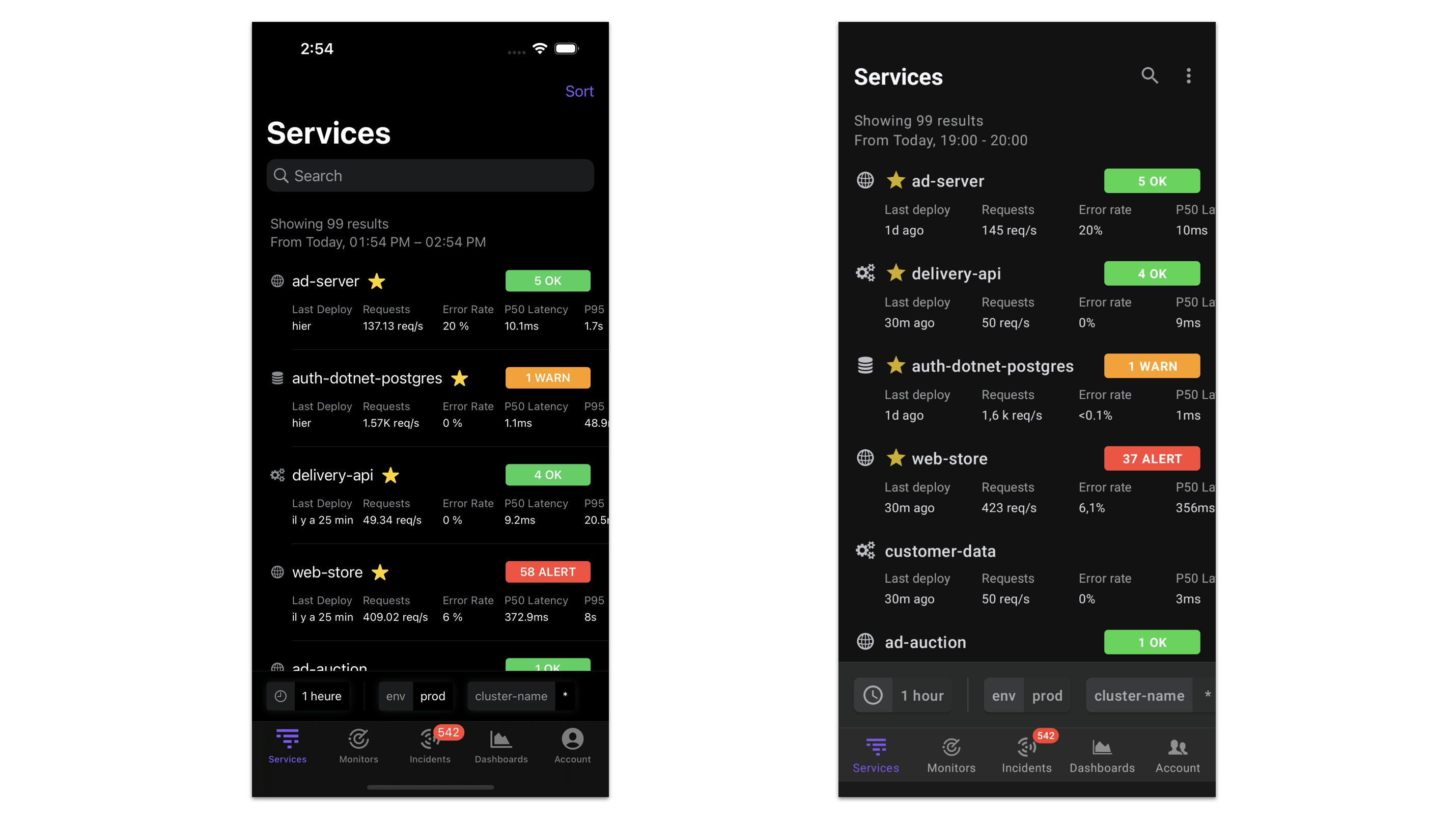 The mobile APM services list on iOS and Android devices. The mobile APM services list on iOS and Android devices.