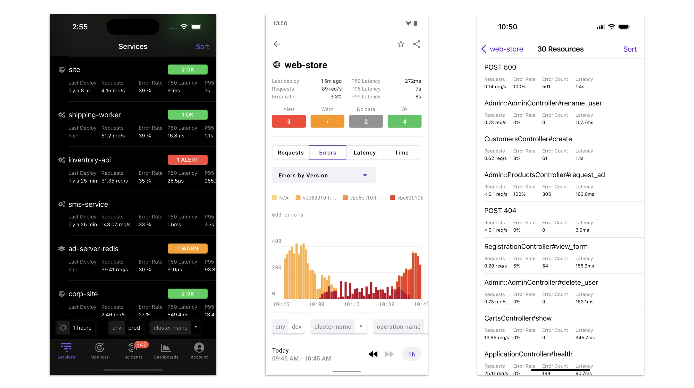 The services list sorted by error rate (on an iOS device), the detail page for a service (on an Android device), and the resources list for a service (on an iOS device). The services list sorted by error rate (on an iOS device), the detail page for a service (on an Android device), and the resources list for a service (on an iOS device).
