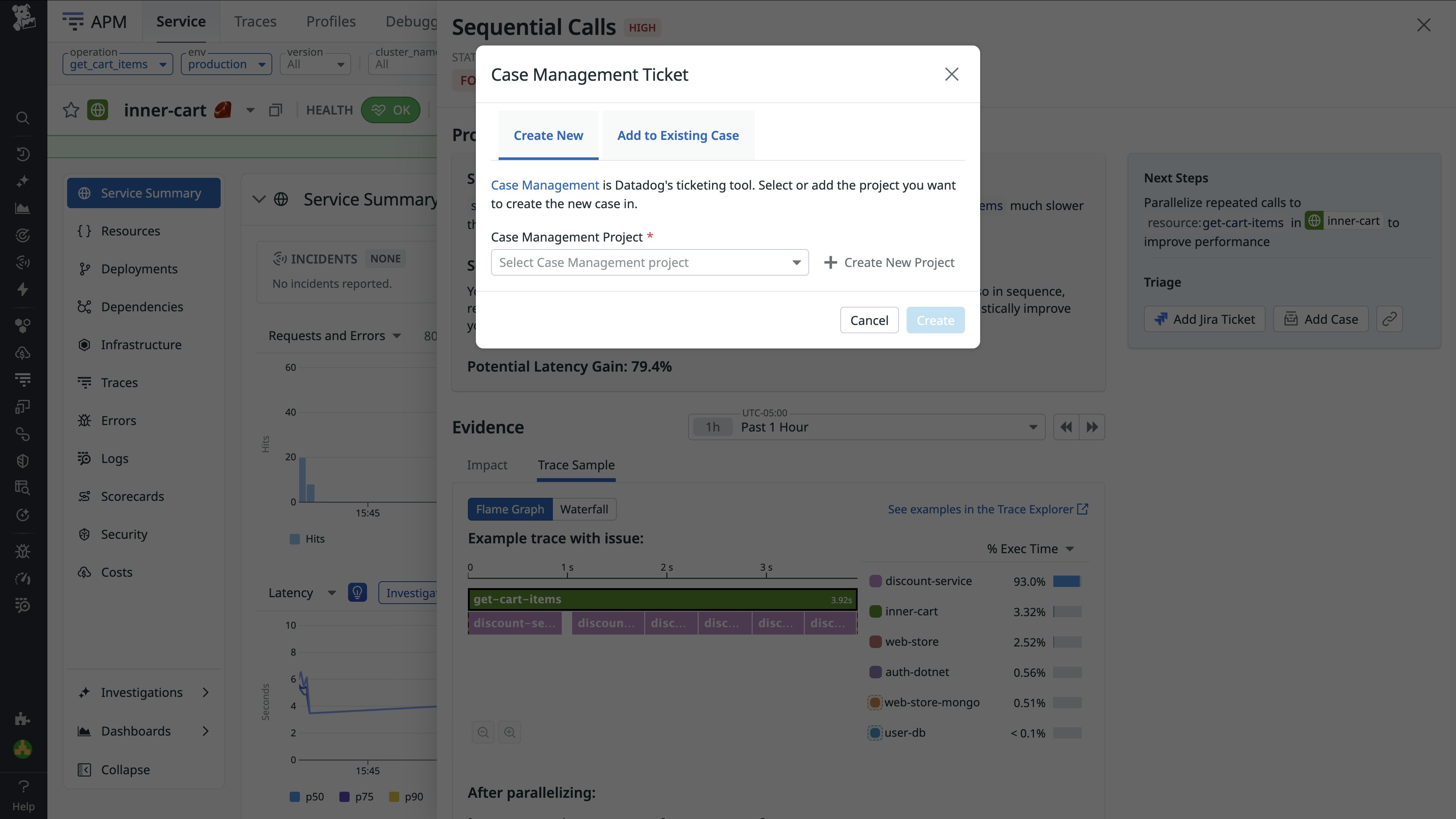 Functionality to create a new ticket in Datadog Case Management for the issue detected by APM Recommendations. Functionality to create a new ticket in Datadog Case Management for the issue detected by APM Recommendations.