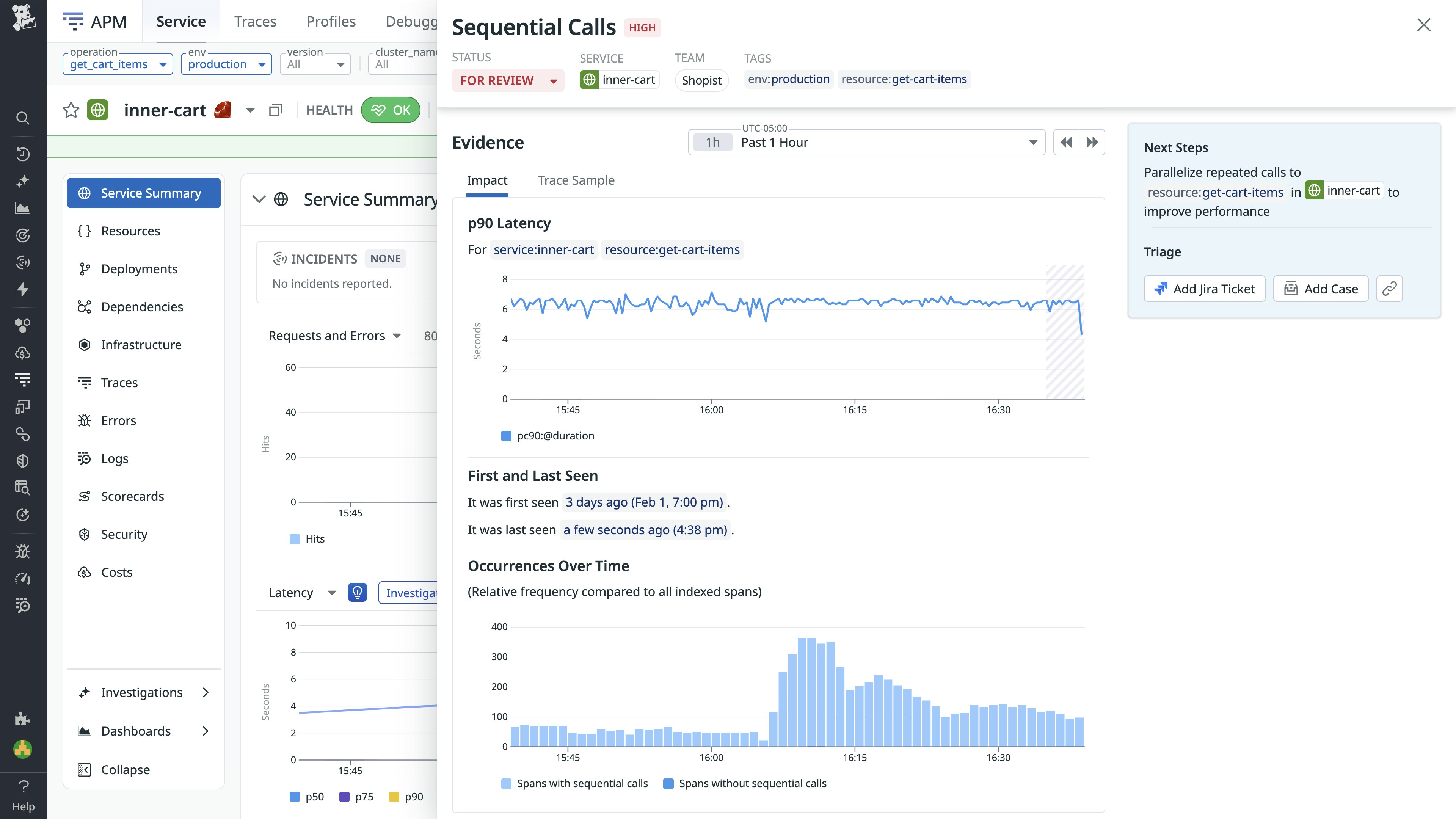 Impact tab that shows graphs for latency and occurrences of the detected sequential API calls for the `inner-cart` service. Impact tab that shows graphs for latency and occurrences of the detected sequential API calls for the `inner-cart` service.