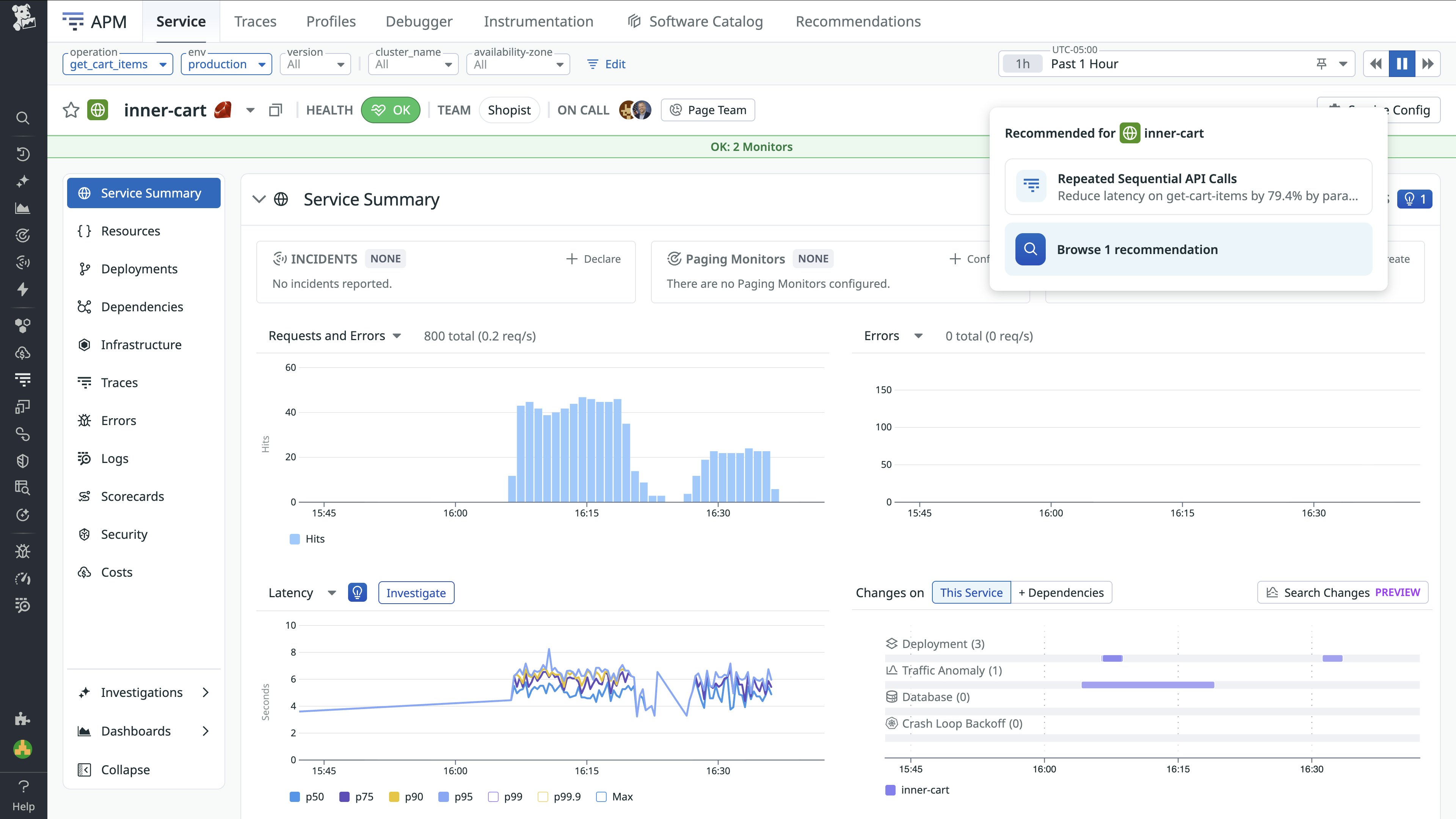 Service page showing a high-priority APM recommendation surfaced for a production service. Service page showing a high-priority APM recommendation surfaced for a production service.