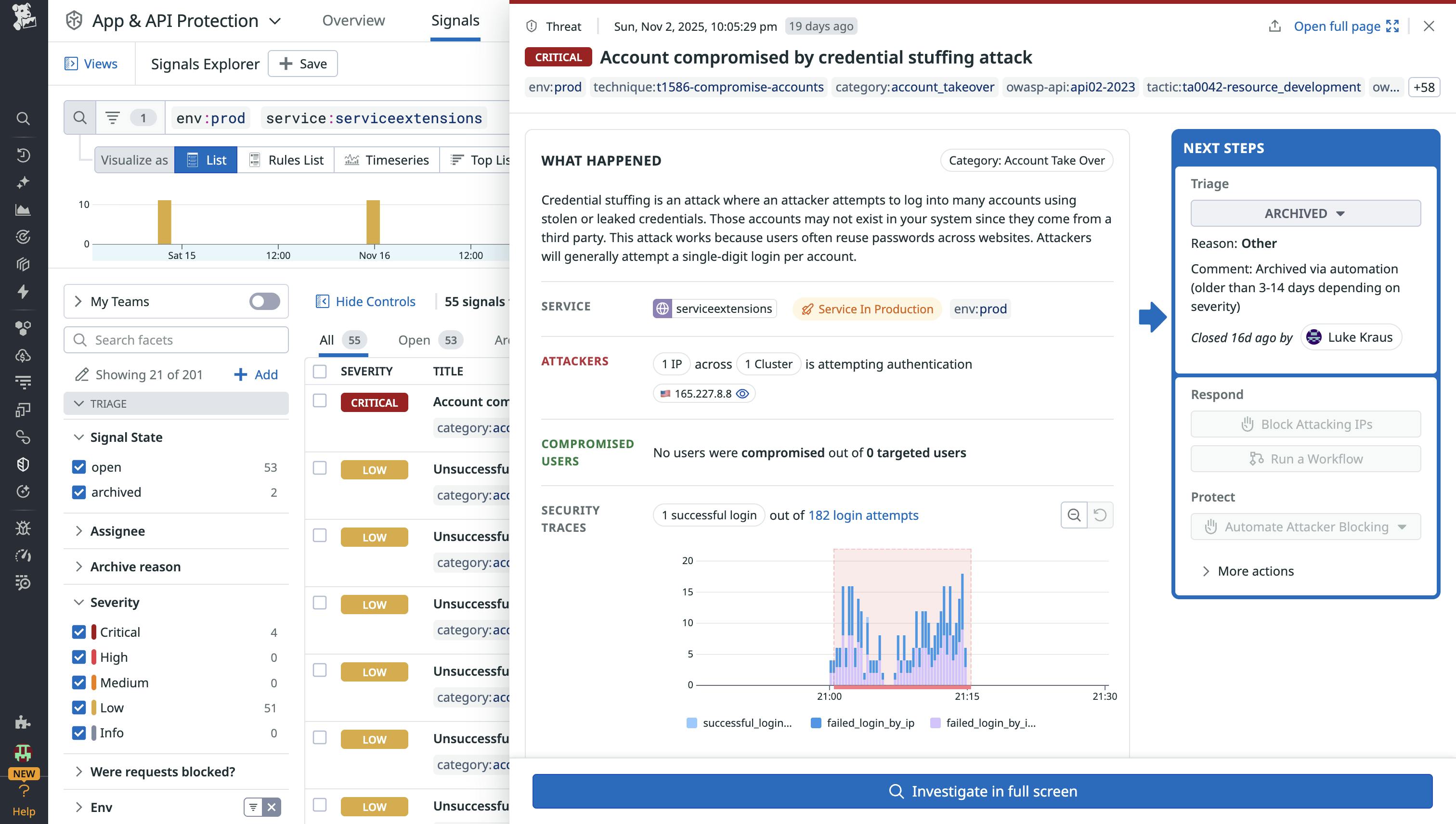 A screenshot of a detected credential stuffing attack, showing the malicious IP and cluster that it is targeting for login attempts.