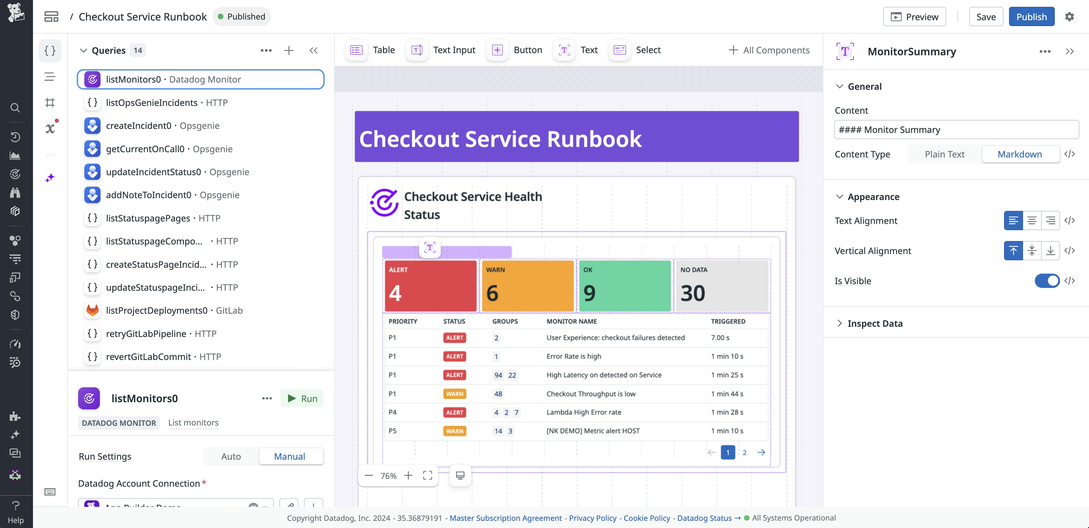 The Checkout Service Runbook app in the App Builder app editor. The Checkout Service Runbook app in the App Builder app editor.