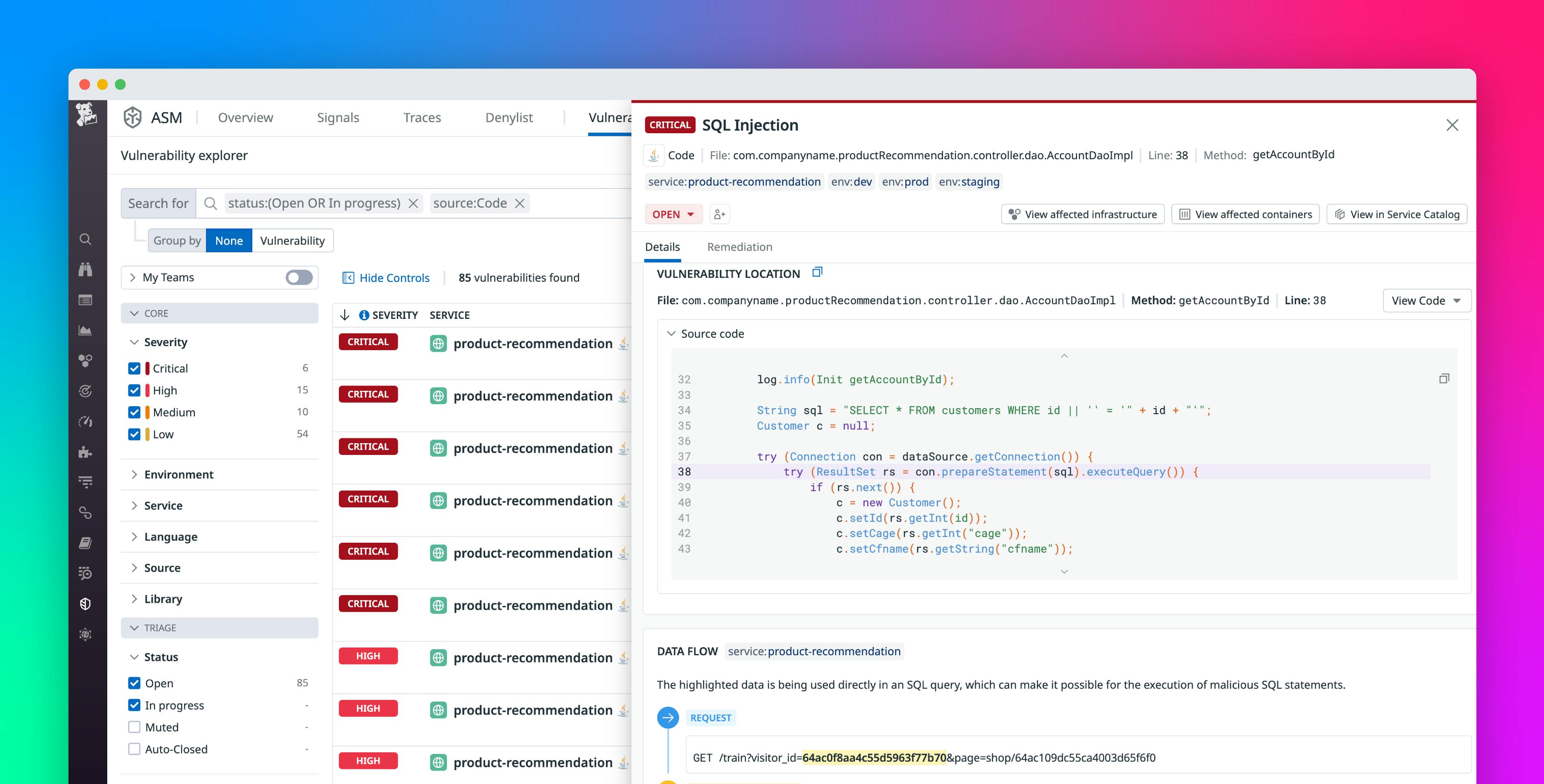 Find vulnerabilities in your code with Datadog Code Security