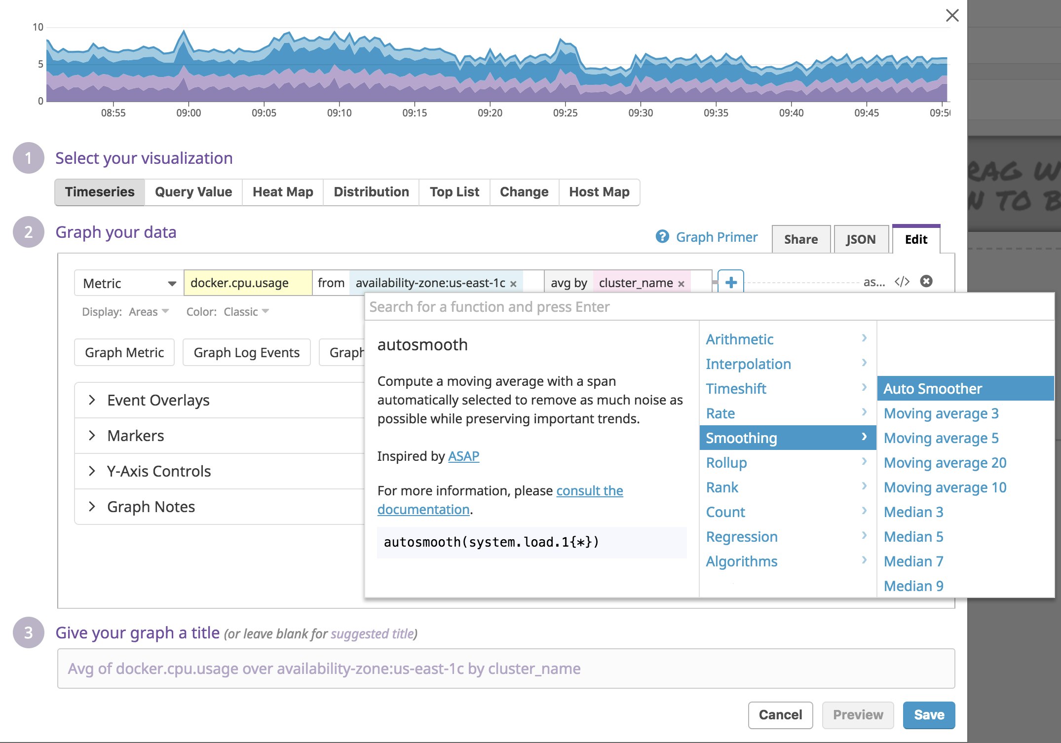 Adding Auto Smoother to a timeseries graph in the Datadog UI. Adding Auto Smoother to a timeseries graph in the Datadog UI.