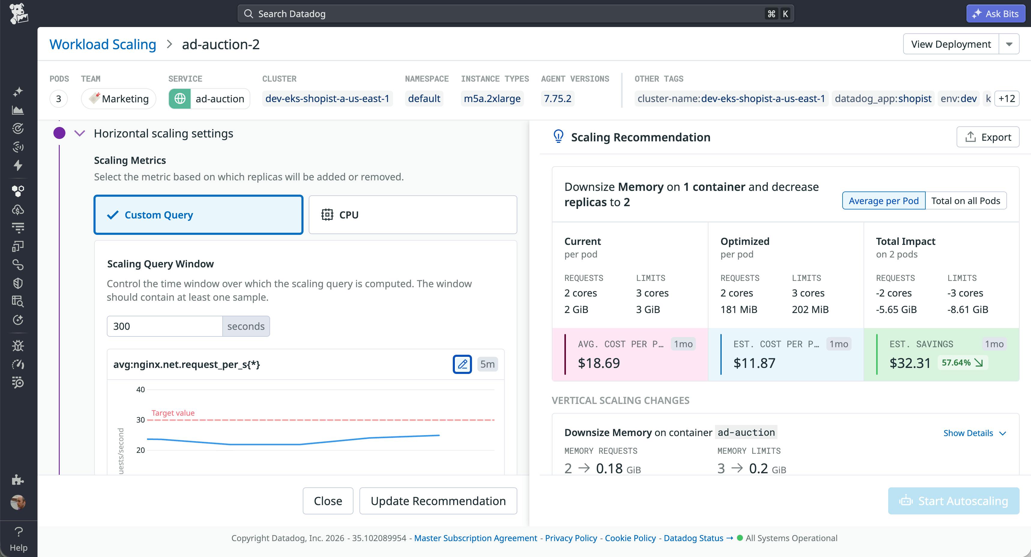 DKA UI showing custom query scaling configuration and a savings recommendation from downsizing container memory.