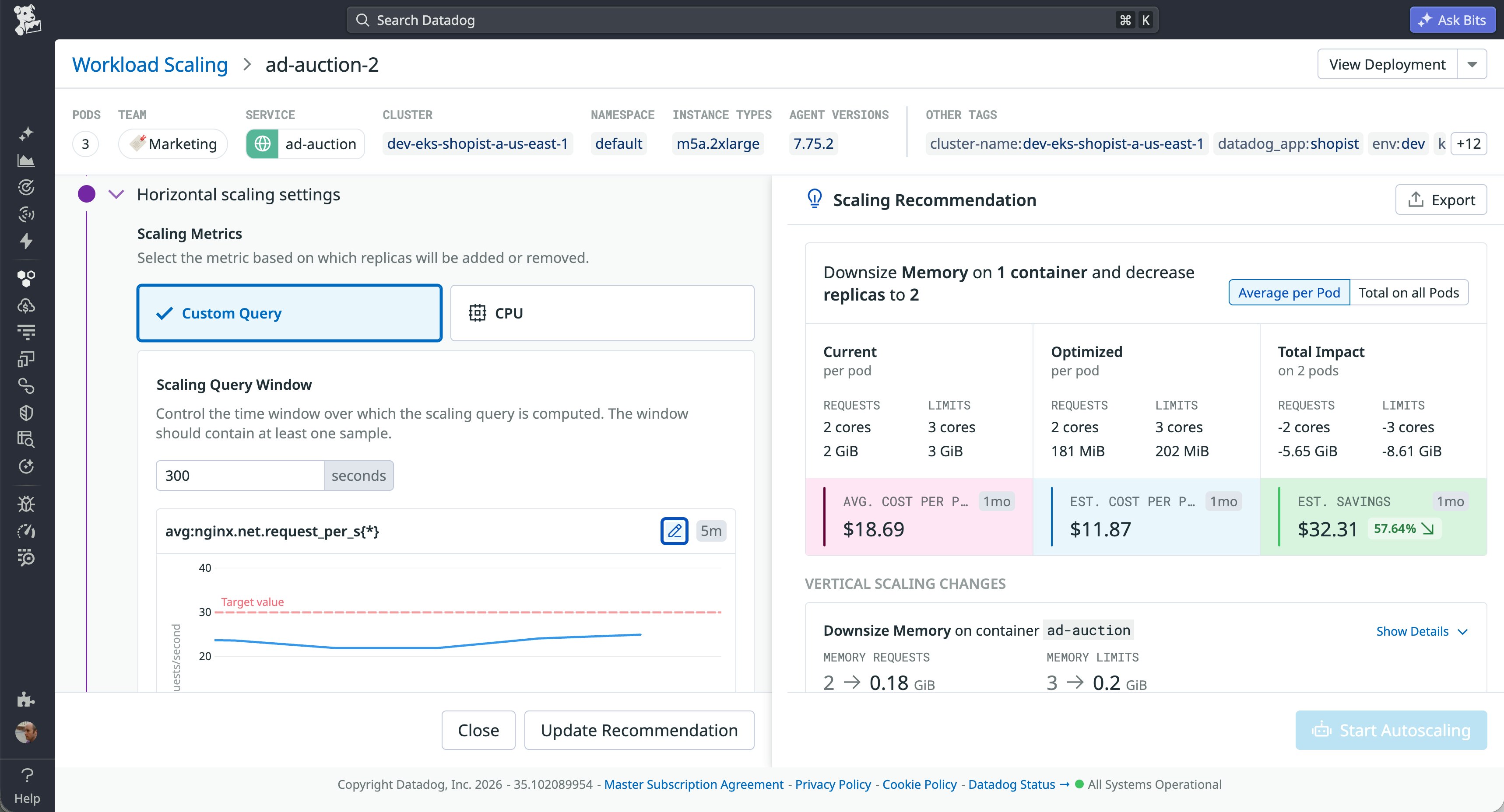 DKA UI showing custom query scaling configuration and a savings recommendation from downsizing container memory. DKA UI showing custom query scaling configuration and a savings recommendation from downsizing container memory.