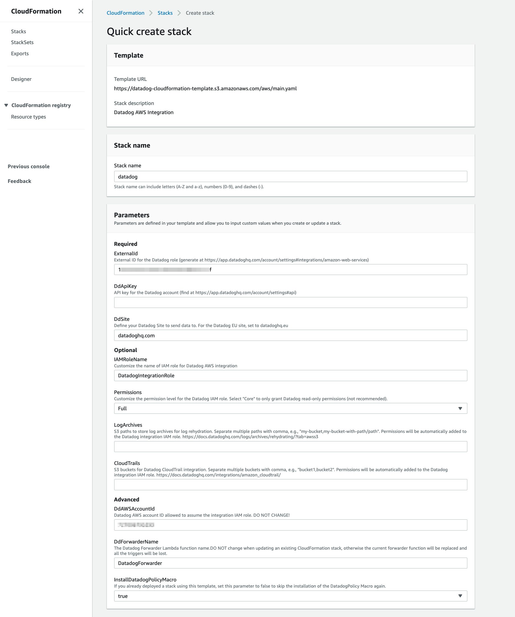 The CloudFormation Quick Create Stack form shows fields for the required, optional, and advanced parameters used to create the stack. The CloudFormation Quick Create Stack form shows fields for the required, optional, and advanced parameters used to create the stack.