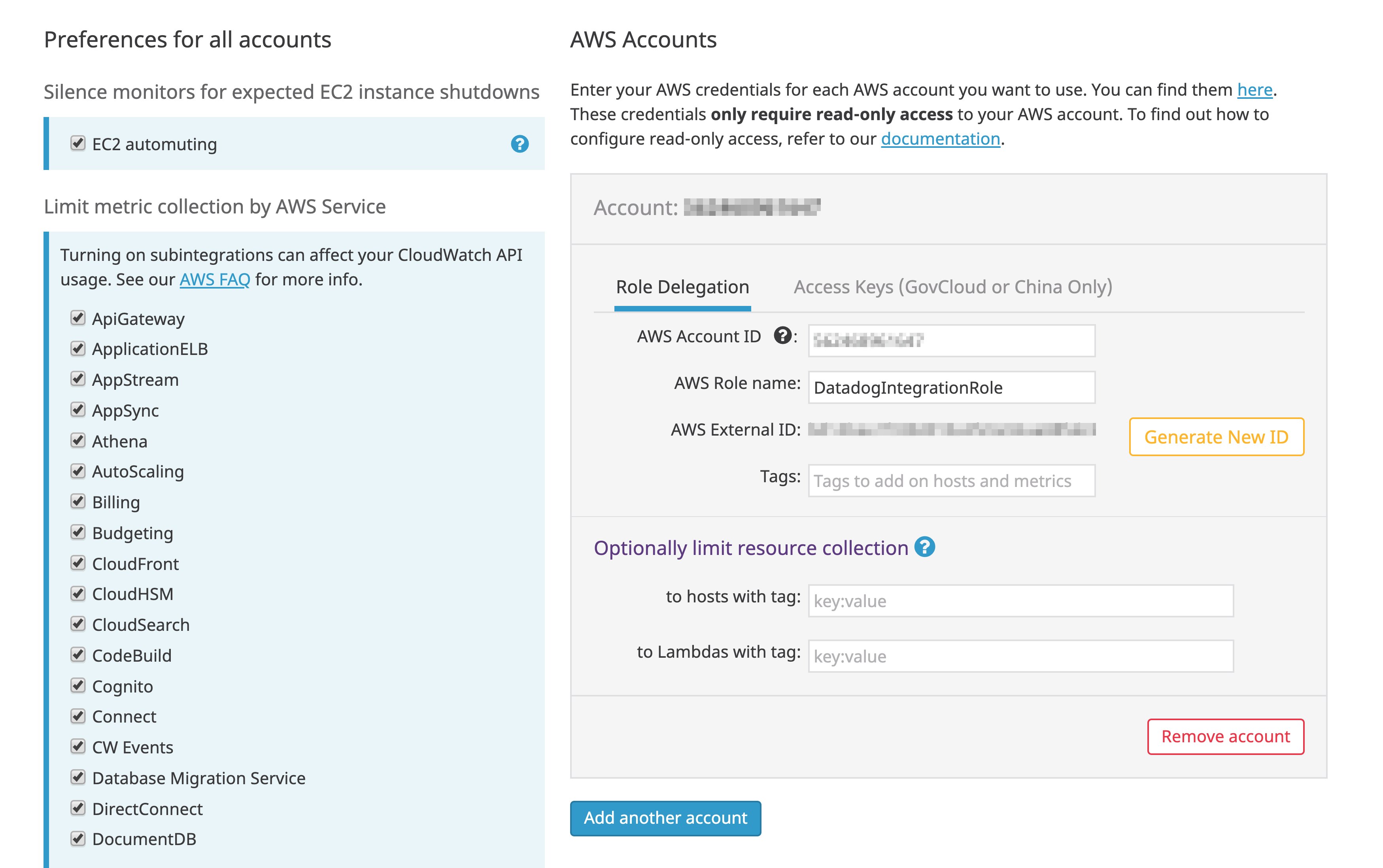 Datadog's AWS integration tile shows a list of all AWS services you can monitor, with a checkbox for each. The AWS Account ID and AWS Role fields are in the AWS accounts section of the page. Datadog's AWS integration tile shows a list of all AWS services you can monitor, with a checkbox for each. The AWS Account ID and AWS Role fields are in the AWS accounts section of the page.
