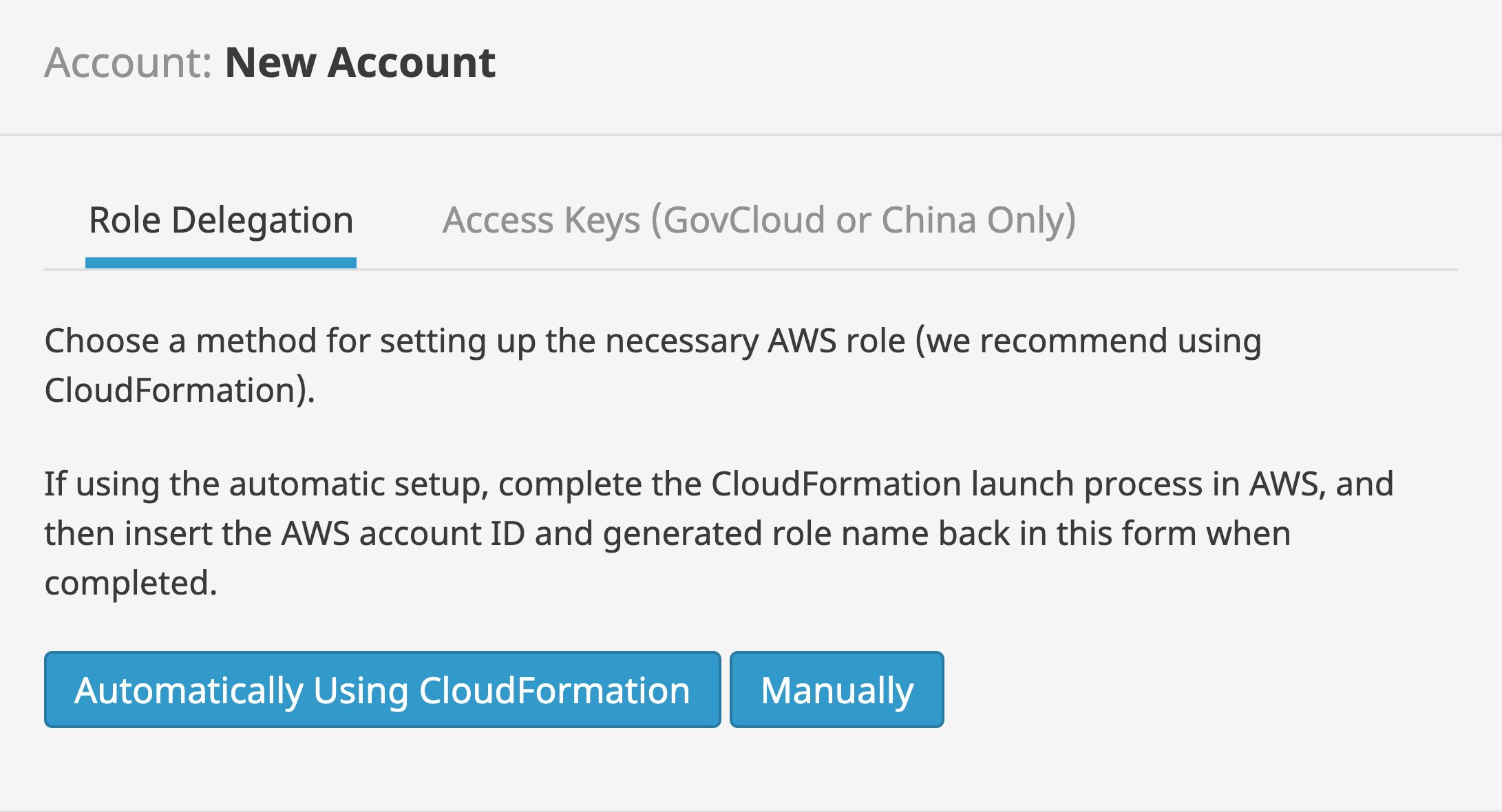 Datadog's New Account form. To proceed with AWS 1-click integration from here, click Automatically Using CloudFormation. Datadog's New Account form. To proceed with AWS 1-click integration from here, click Automatically Using CloudFormation.