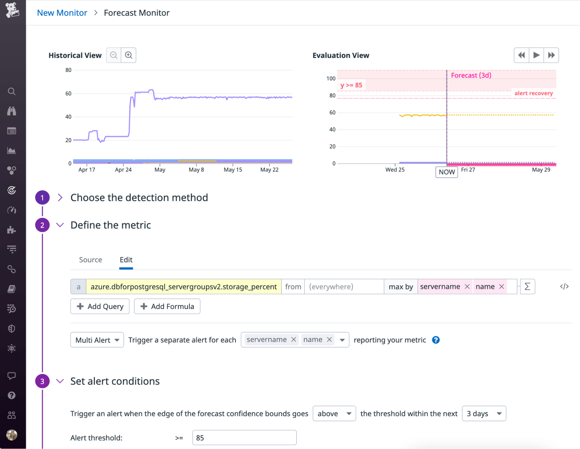 You can create a forecast monitor to get notified when an Azure Cosmos DB for PostgreSQL node is predicted to use 85 percent of its storage. You can create a forecast monitor to get notified when an Azure Cosmos DB for PostgreSQL node is predicted to use 85 percent of its storage.