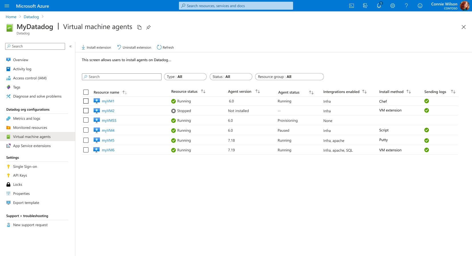Azure VM で実行中の Datadog Agent をすばやく確認し、Azure Portal UI でホストをインストール/アンインストール。 Azure VM で実行中の Datadog Agent をすばやく確認し、Azure Portal UI でホストをインストール/アンインストール。