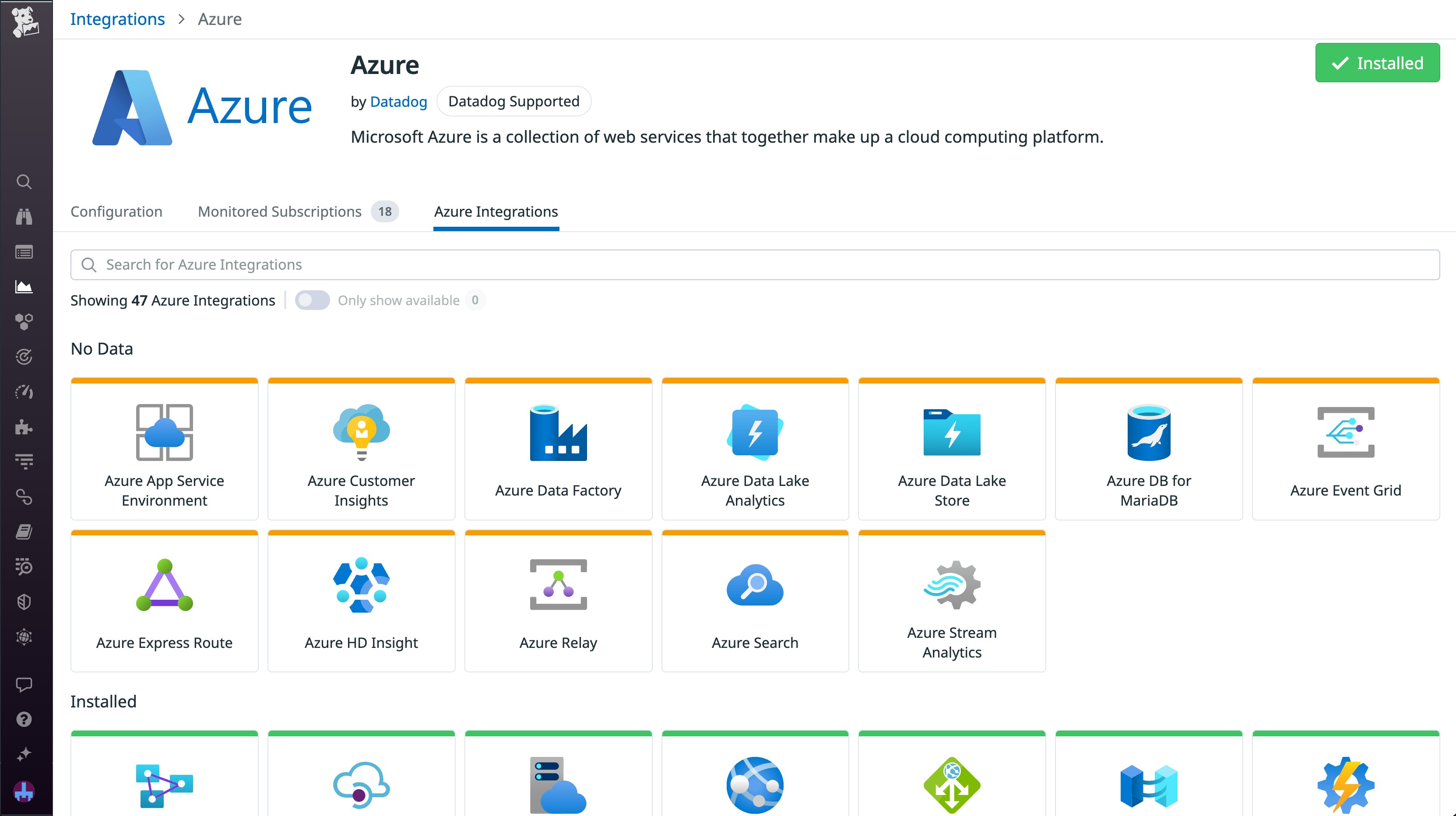 A list of Azure integrations being monitored by Datadog. A list of Azure integrations being monitored by Datadog.