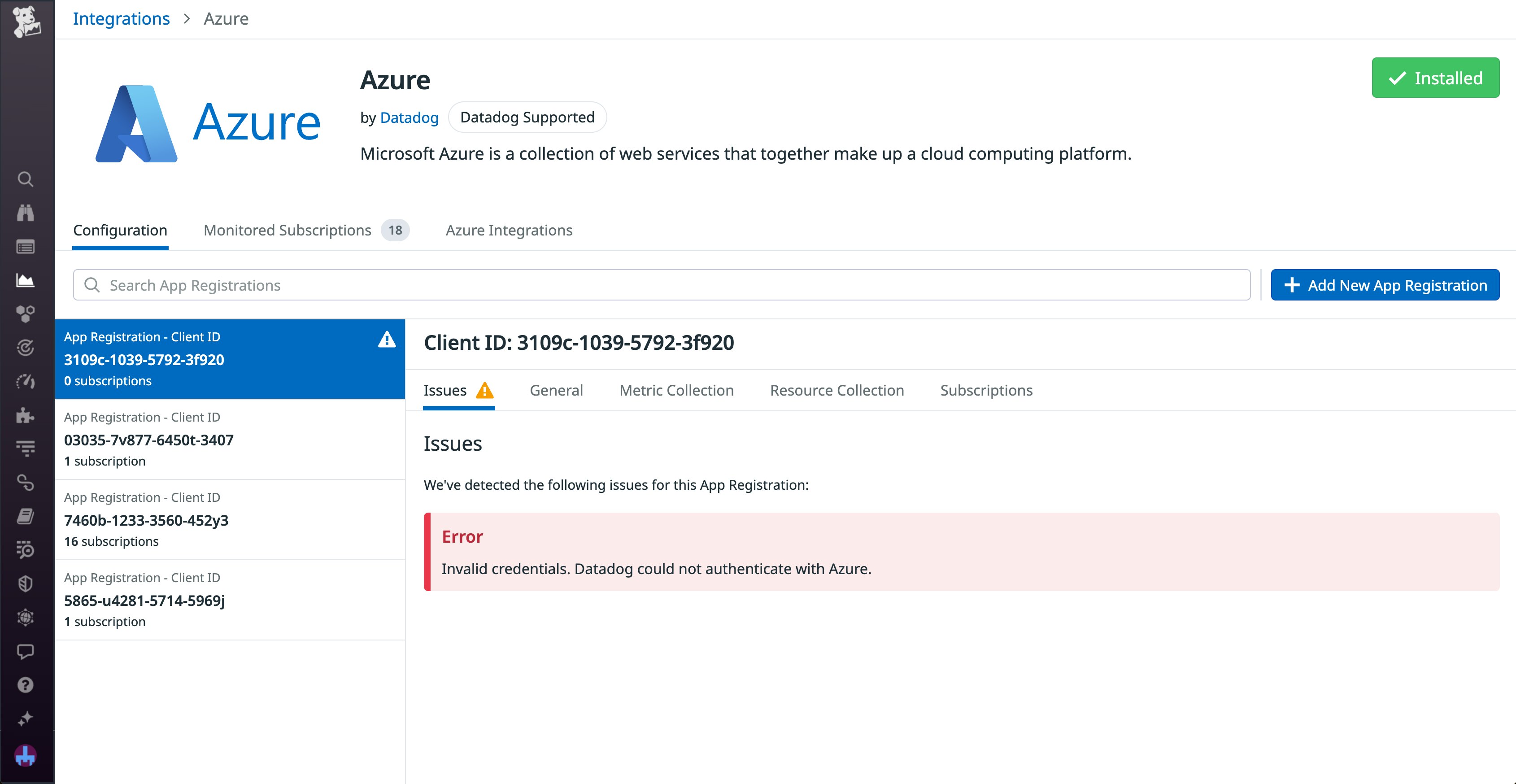 An 'invalid credentials' error message for an app registration. An 'invalid credentials' error message for an app registration.