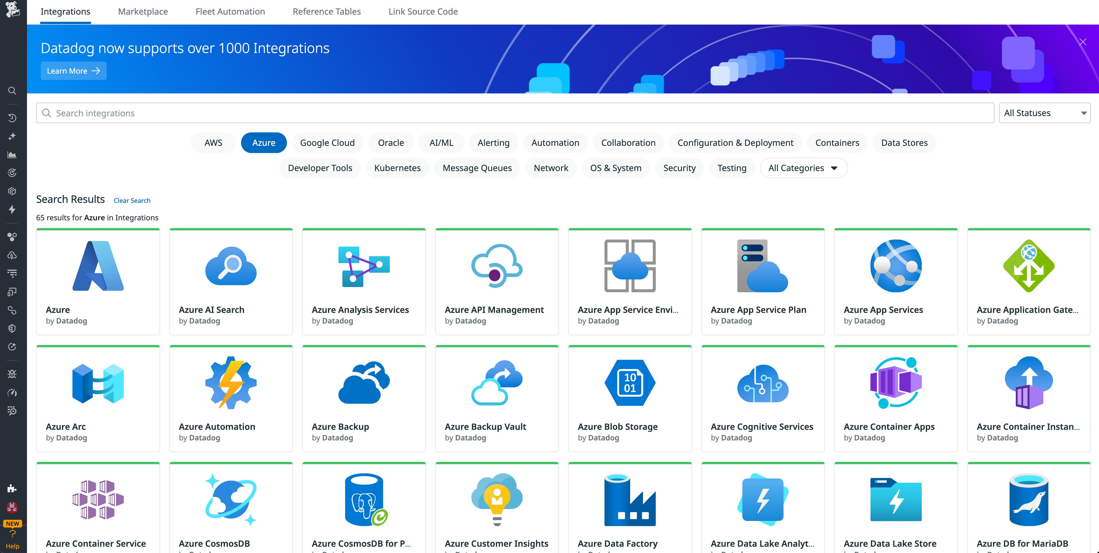 Screenshot of the Azure integration tile in Datadog. Screenshot of the Azure integration tile in Datadog.