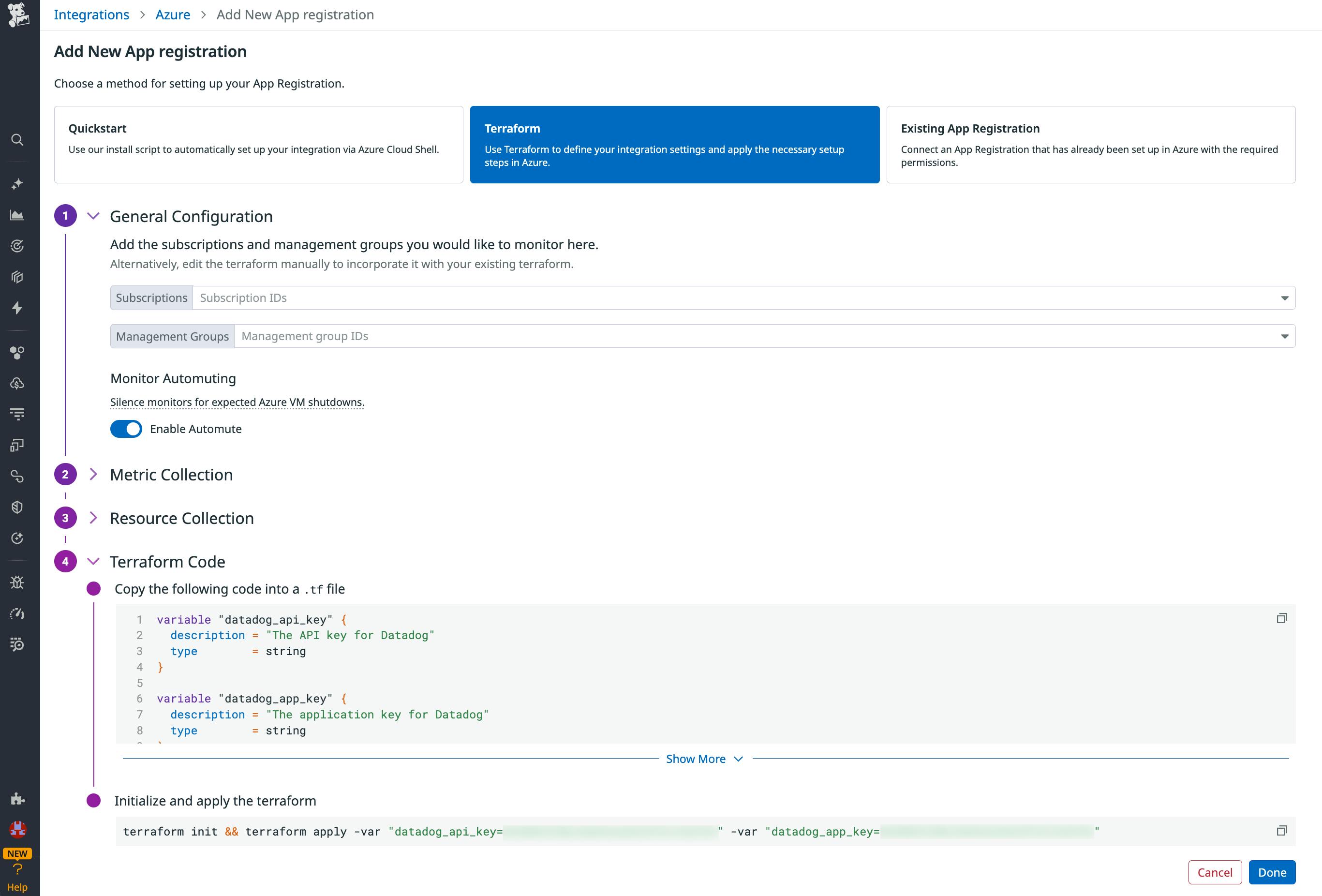 Screenshot of the Azure setup methods available in the Datadog integration onboarding flow. The Terraform method is selected.