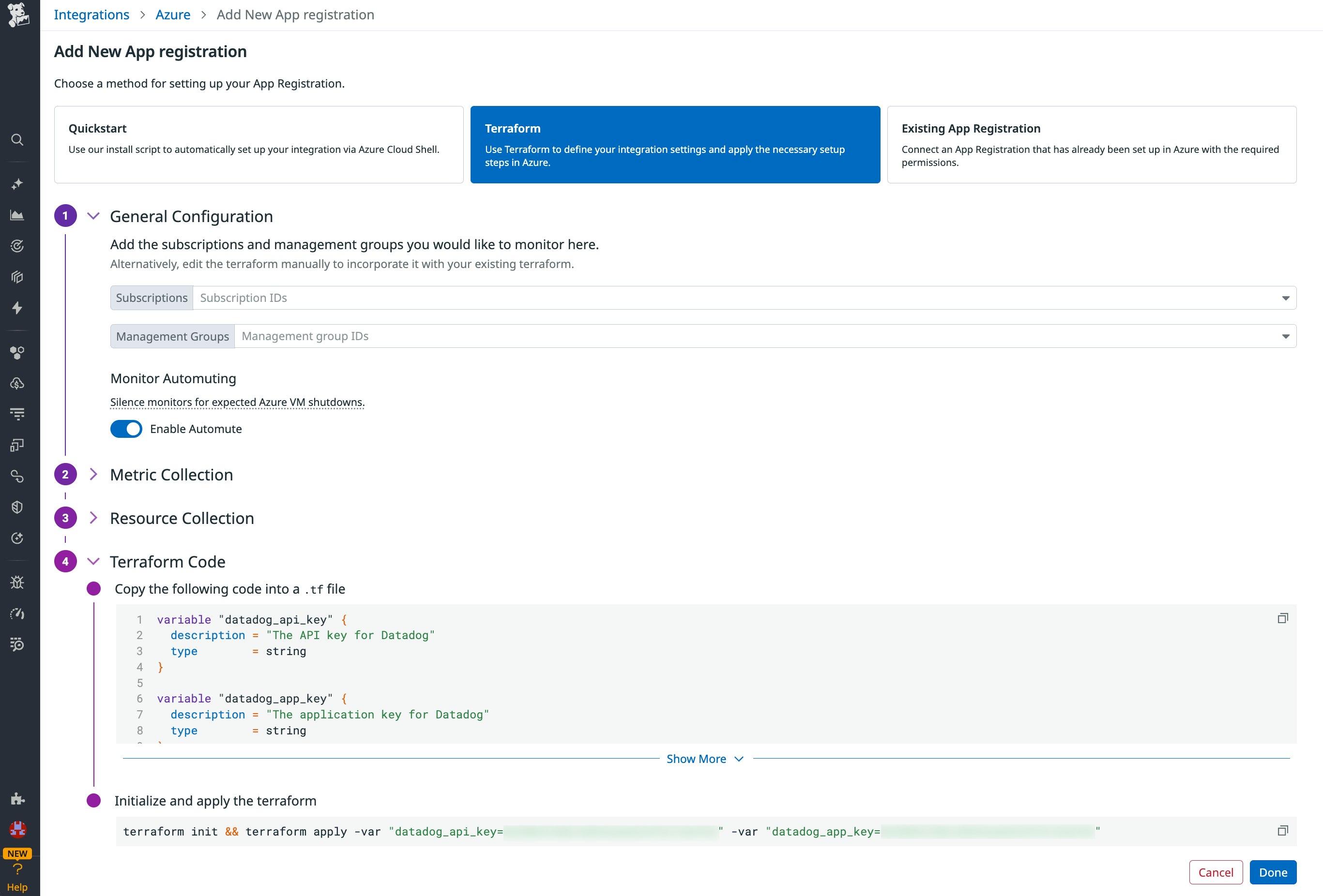 Screenshot of the Azure setup methods available in the Datadog integration onboarding flow. The Terraform method is selected. Screenshot of the Azure setup methods available in the Datadog integration onboarding flow. The Terraform method is selected.