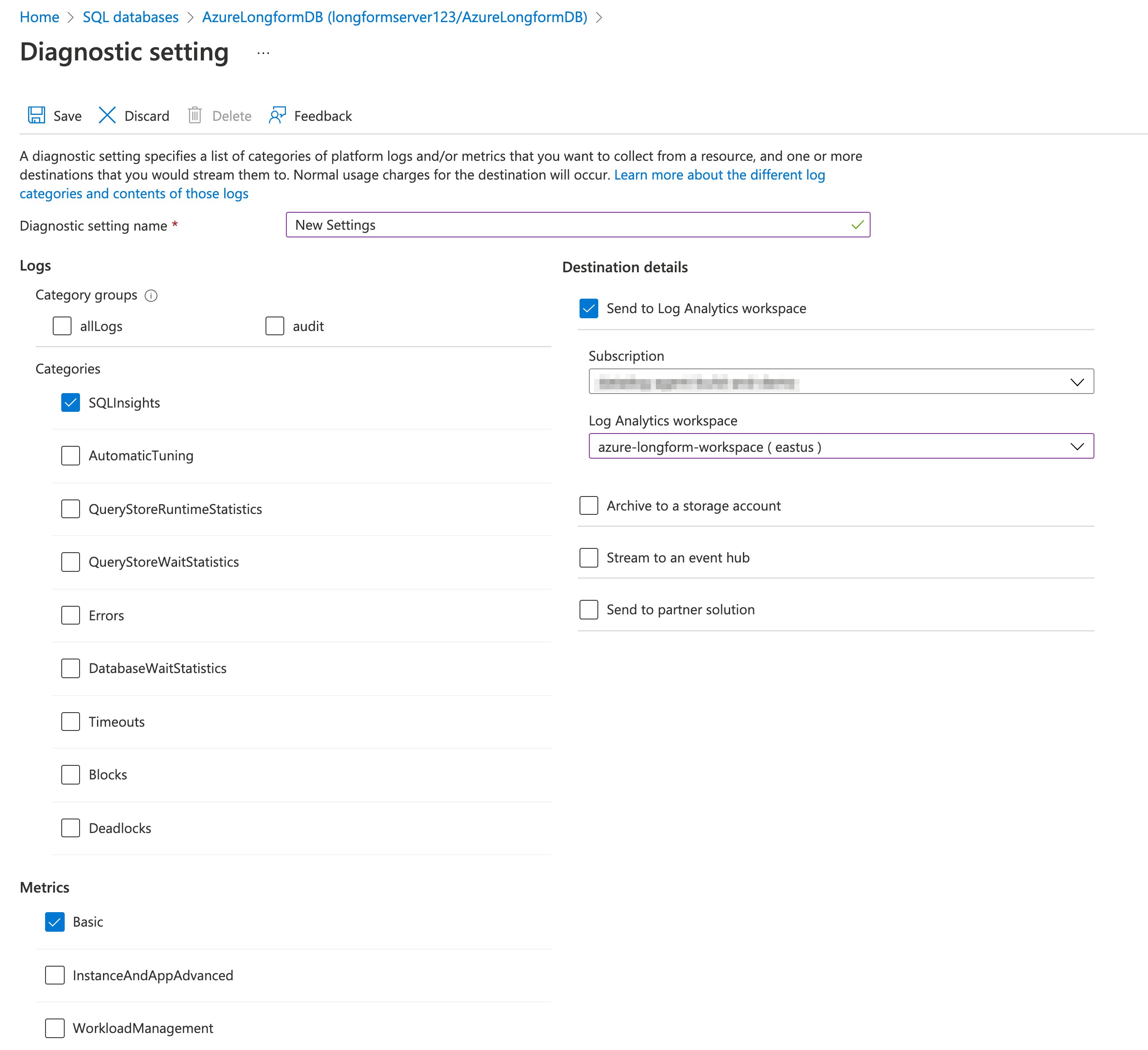 Diagnostic settings for an Azure SQL Database Diagnostic settings for an Azure SQL Database