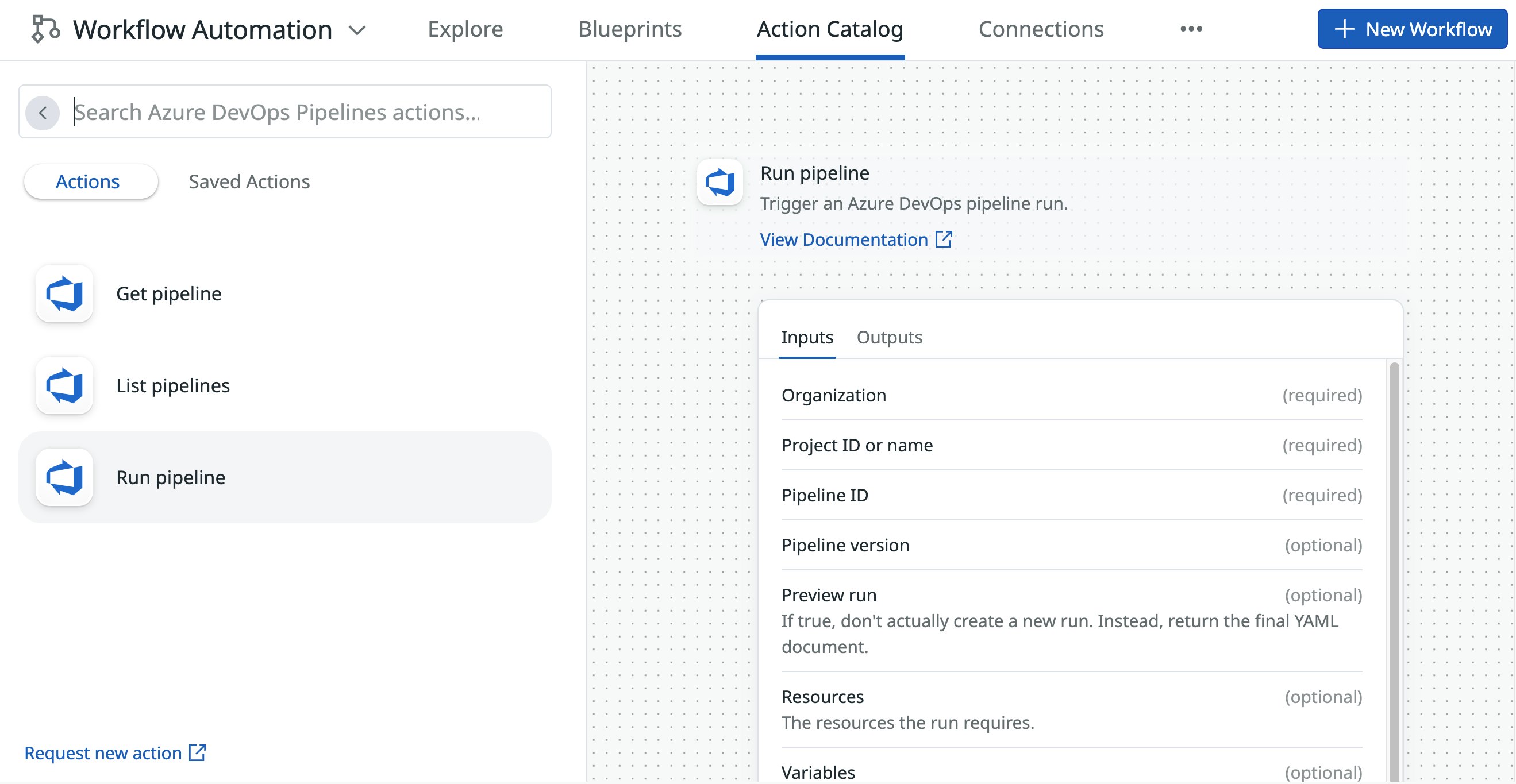 The Azure DevOps Pipelines category of actions. The Azure DevOps Pipelines category of actions.