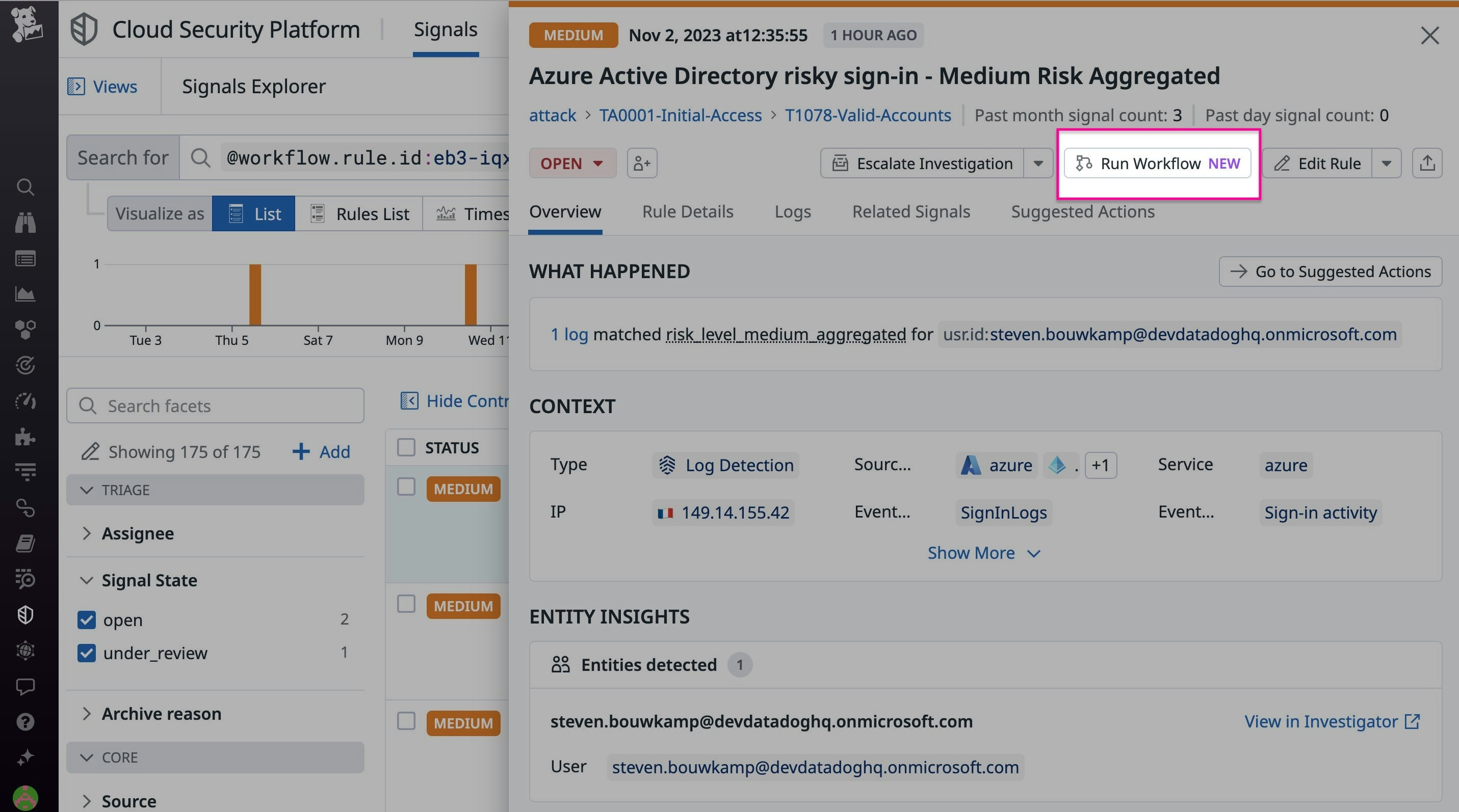 The Run Workflow button in a security signal. The Run Workflow button in a security signal.