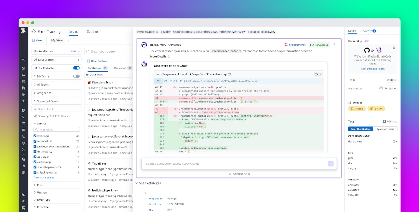 Automatically identify issues and generate fixes with the Bits AI Dev Agent Automatically identify issues and generate fixes with the Bits AI Dev Agent