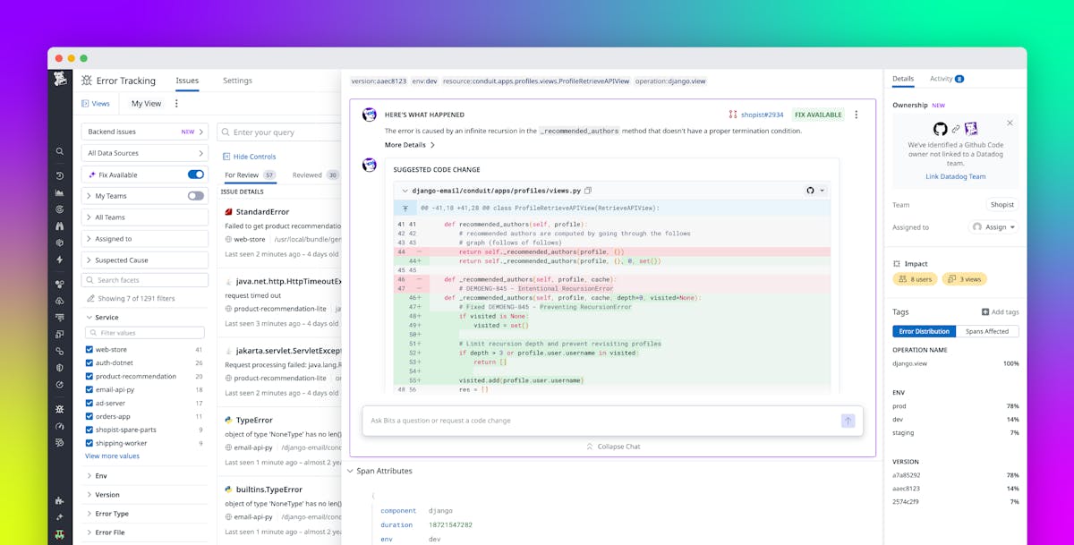 Automatically identify issues and generate fixes with the Bits AI Dev Agent