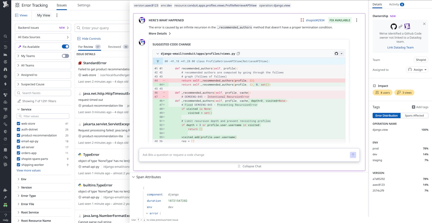Bits Dev Agent showing issue context and proposed fix in Error Tracking. Bits Dev Agent showing issue context and proposed fix in Error Tracking.