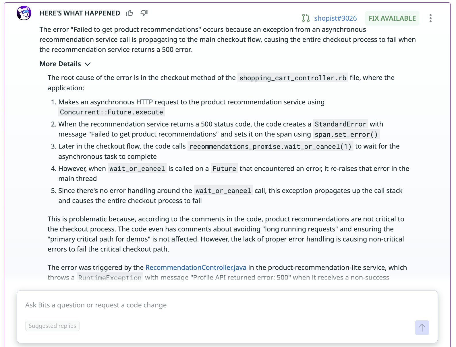 Scoped context of an issue and potential fix from Bits AI Dev Agent. Scoped context of an issue and potential fix from Bits AI Dev Agent.