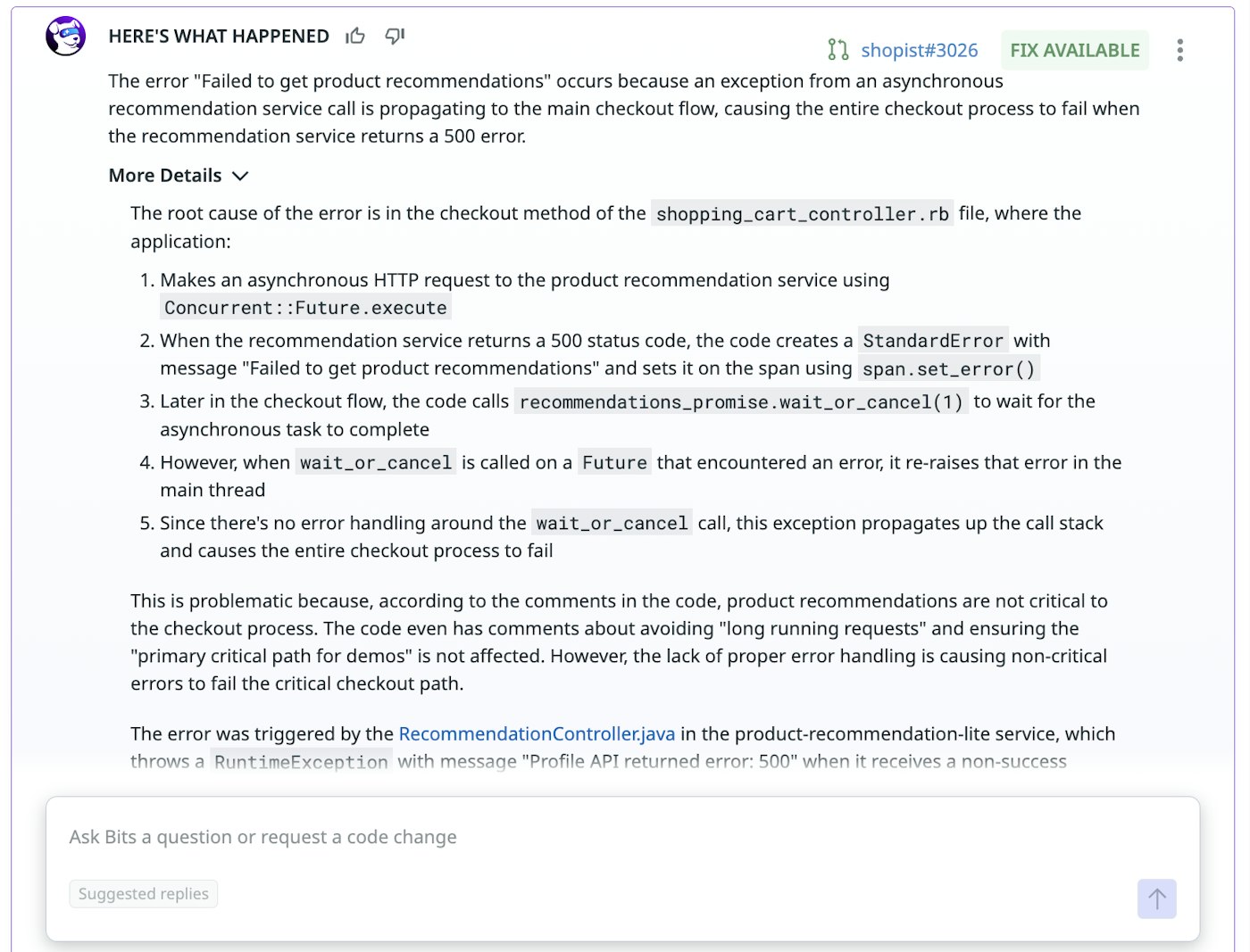 Scoped context of an issue and potential fix from Bits AI Dev Agent. Scoped context of an issue and potential fix from Bits AI Dev Agent.
