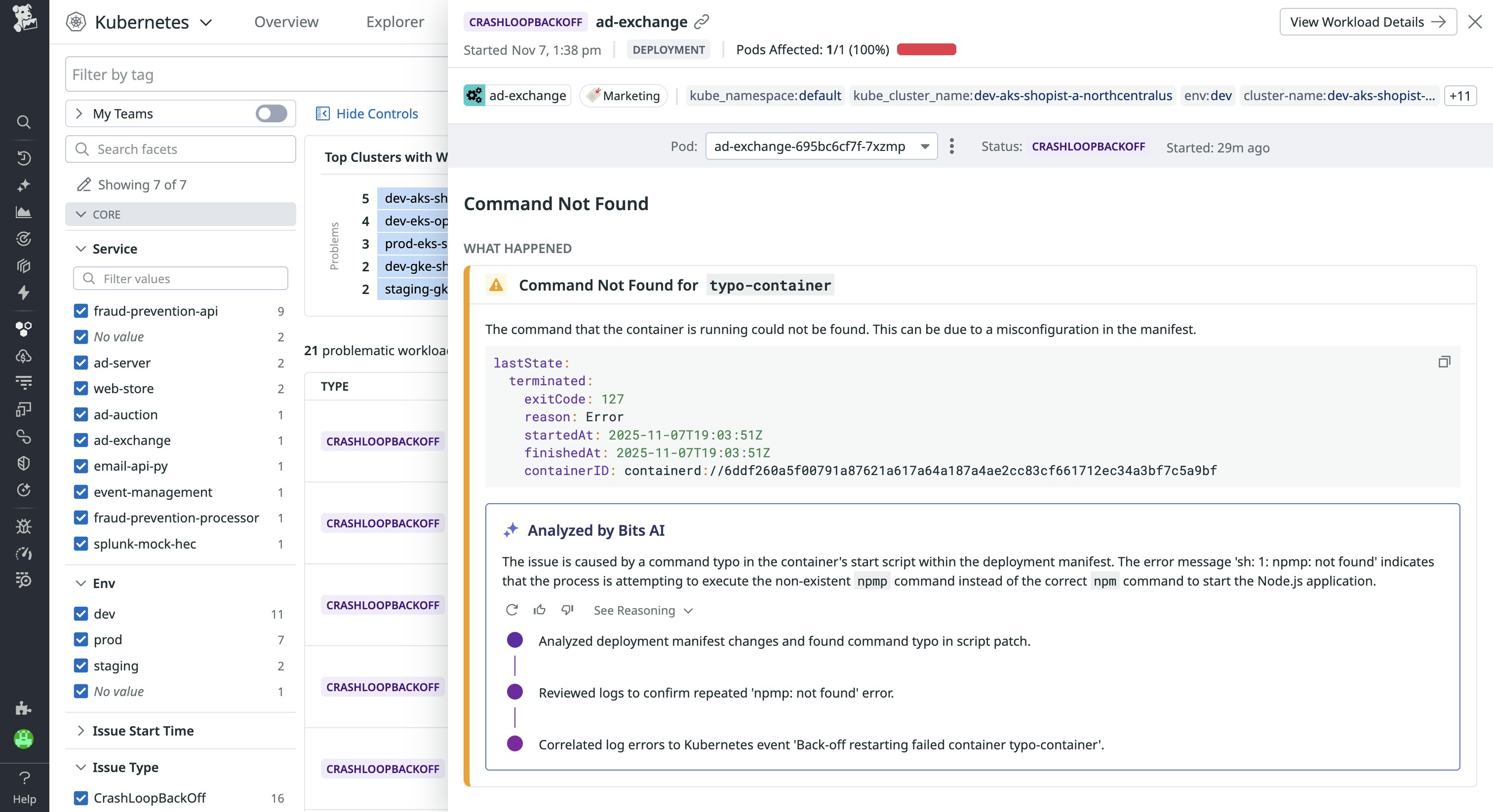 Screenshot of Bits AI analysis that explains that a command could not be found because of a typo. Screenshot of Bits AI analysis that explains that a command could not be found because of a typo.